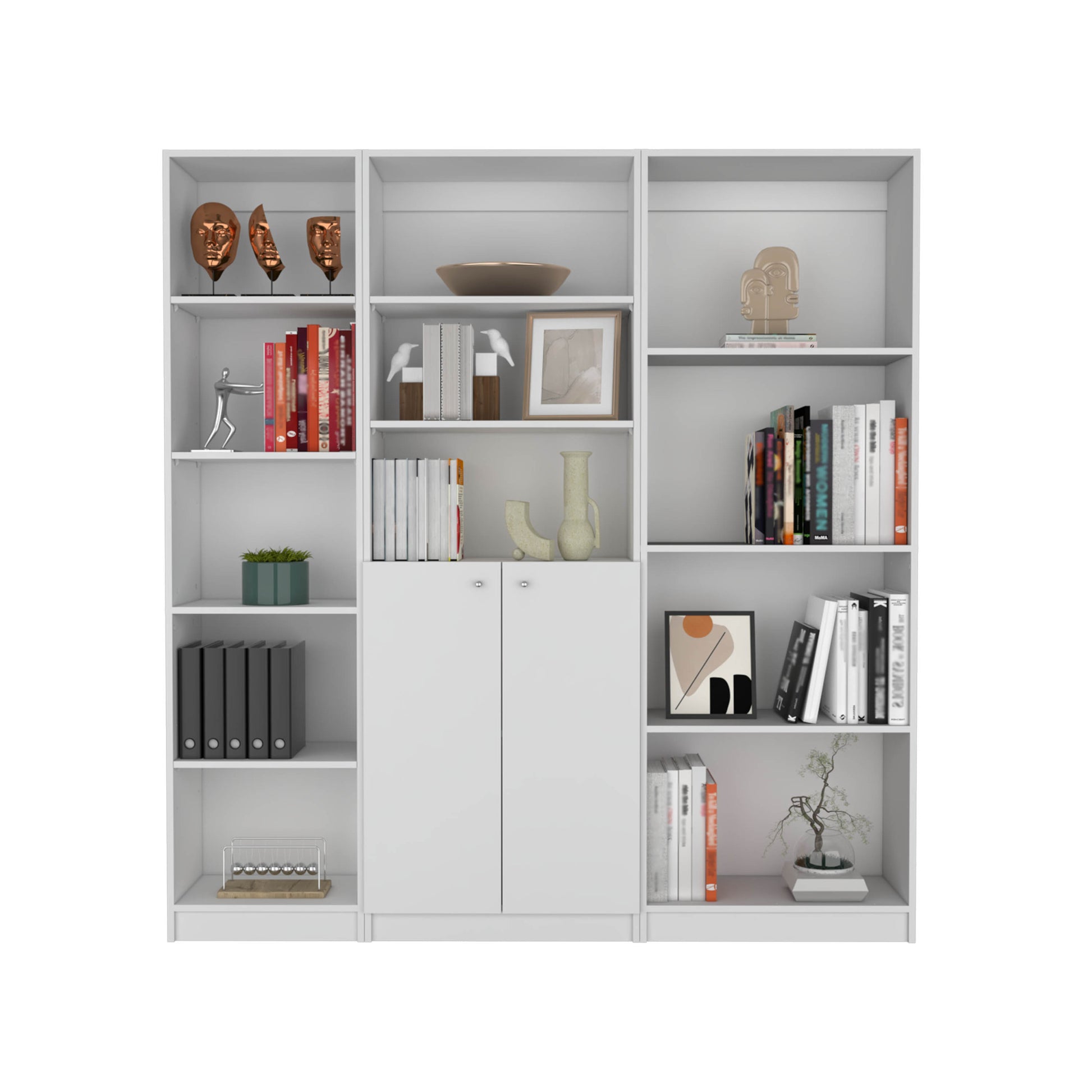 Poole 3 Piece Home Bookcase Set, 67" Wide With 12 Shelves And 2 Door Cabinetliving Room Set White Freestanding 5 Or More Shelves Matte White White Open Storage Space Modern Particle Board