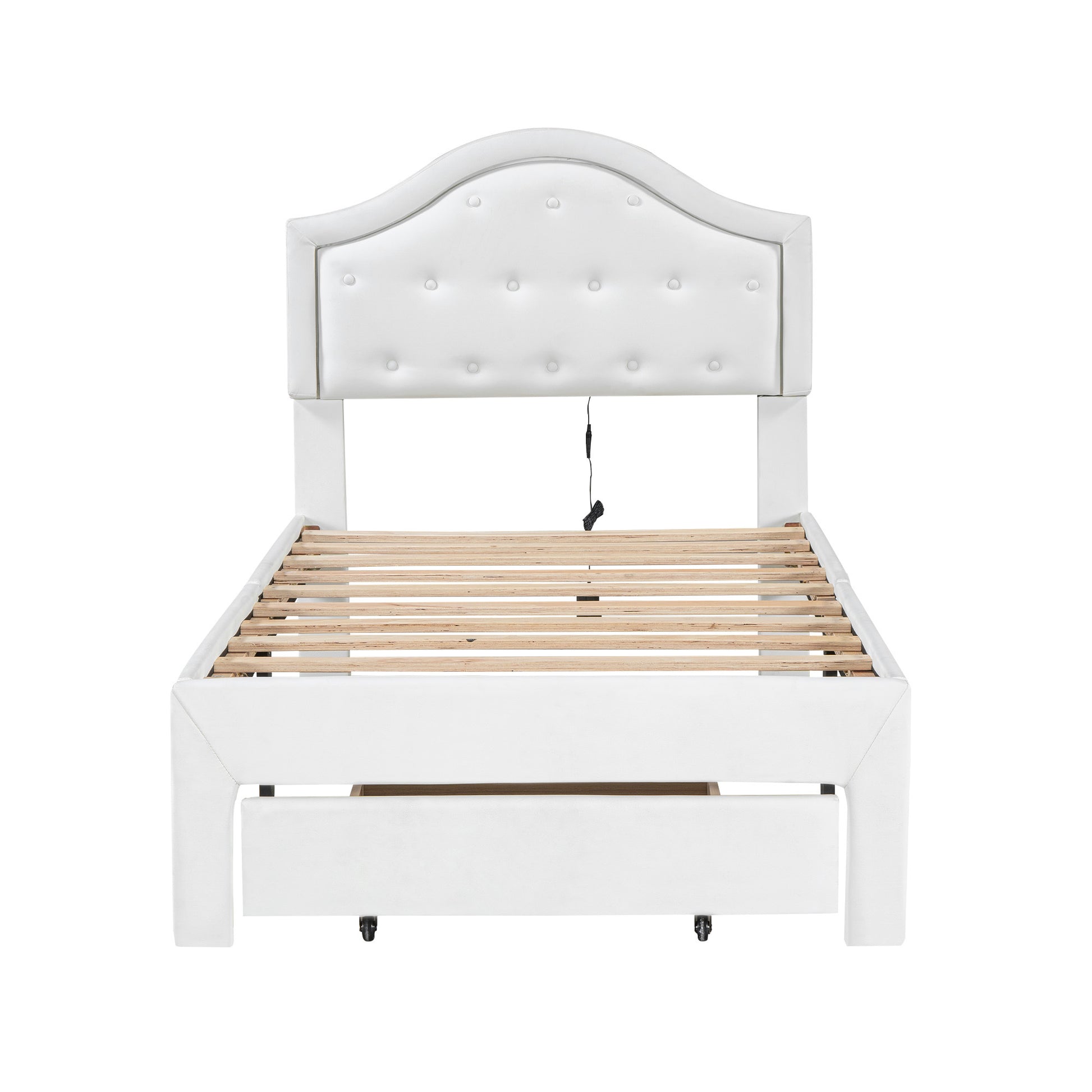 Twin Size Upholstered Platform Bed With Tufted Headboard, Led And A Drawer, White Box Spring Not Required Twin White Wood Faux Leather Upholstered