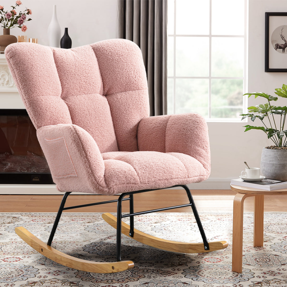 Teddy Fabric Rocking Chair, Upholstered Rocker Armchair With High Backrest, Modern Rocking Accent Chair For Nursery, Living Room, Bedroom, Pink Metal Pink Light Brown Bedroom Foam Wipe Clean Modern Rocking Chairs Rubberwood Tufted Back Foam Fabric