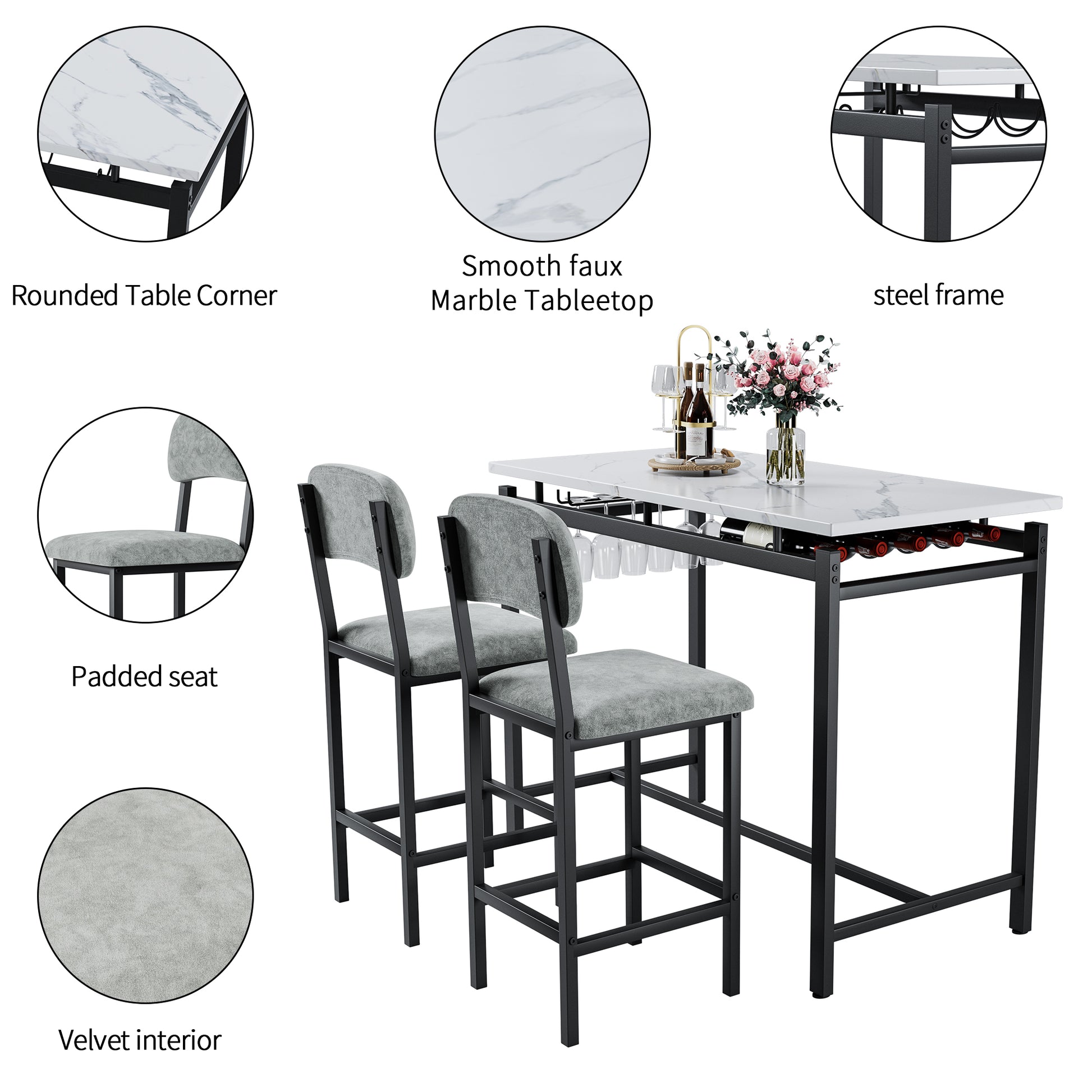 Kitchen Table Set, Dining Table And Chairs For 2, 3 Piece Dining Room Table Set With 2 Upholstered Chairs, Bar Dining Table Set For Small Spaces, Apartment, Breakfast, Pub, Rustic Black Gray Seats 2 Mdf