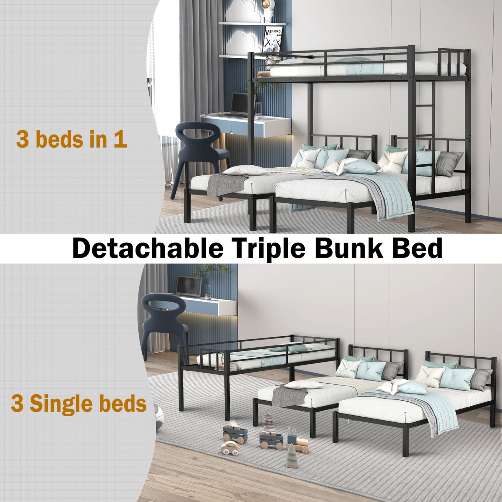 Triple Twin Bunk Bed, Can Be Separated Into 3 Twin Beds Black Metal