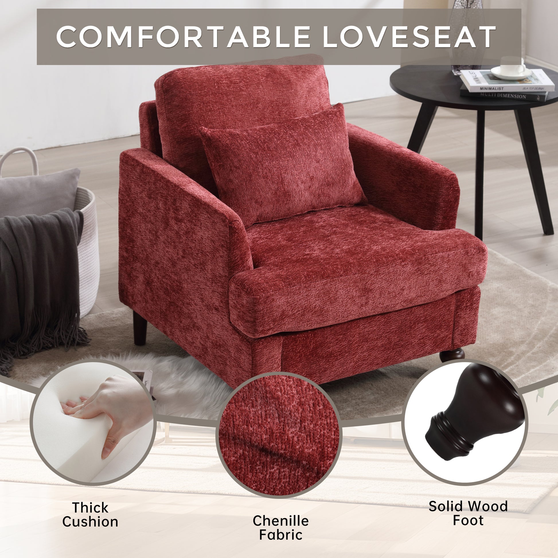 Coolmore Wood Frame Armchair, Modern Accent Chair Lounge Chair For Living Room,Tufted Club Chair, Mid Century Modern Arm Chairs With Studded, Solid Wood Frame, For Bedroom, Reading Wine Red Chenille Wine Red Chenille 1 Seat