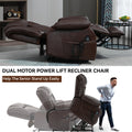 Dual Motor Infinite Position Up To 350 Lbs Electric Medium Size Genuine Leather Brown Power Lift Recliner Chair With 8 Point Vibration Massage And Lumbar Heating White Metal Primary Living Space Heavy Duty Pine Antique Brown Genuine Leather Power Remote