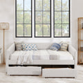 Queen Size Daybed With Two Drawers Trundle Upholstered Sofa Bed, With Vertical Stripes, Linen Fabric, Beige 86.5
