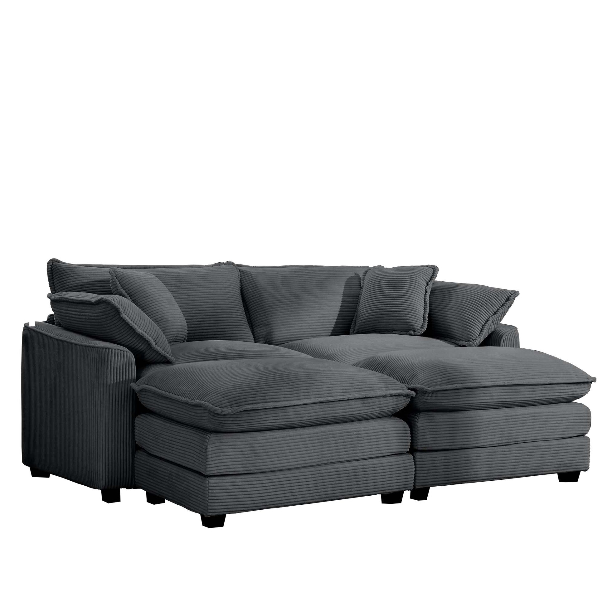 Corduroy Two Seater Sofa With 2 Footrest, 2 Seater Sofa With Ottoman For Small Living Spaces, Grey Corduroy Sofa Grey Corduroy 2 Seat