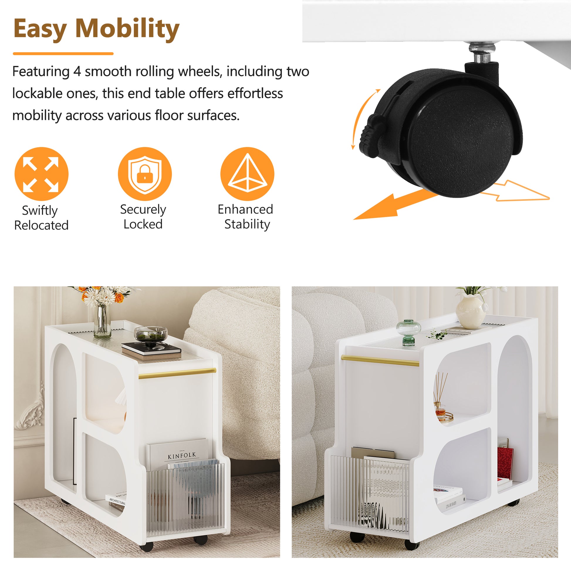 Mobile End Table With Lockable Wheels, Narrow Coffee Table With 5Mm Thick Fluted Tempered Glass, Modern Nightstand With Golden Round Rod, Living Room, White, 31.5''W X11.8''D X 23.1''H White Primary Living Space Mdf