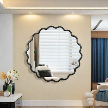 Solid Wood Wavy Mirror Black Vanity Mirror Wall Decor 42" X 42" Modern Mirror Wall Decor For Bathroom, Bedroom, Living Room, Dining Room, Cloakroom, Entryway Antique Black Glass Solid Wood