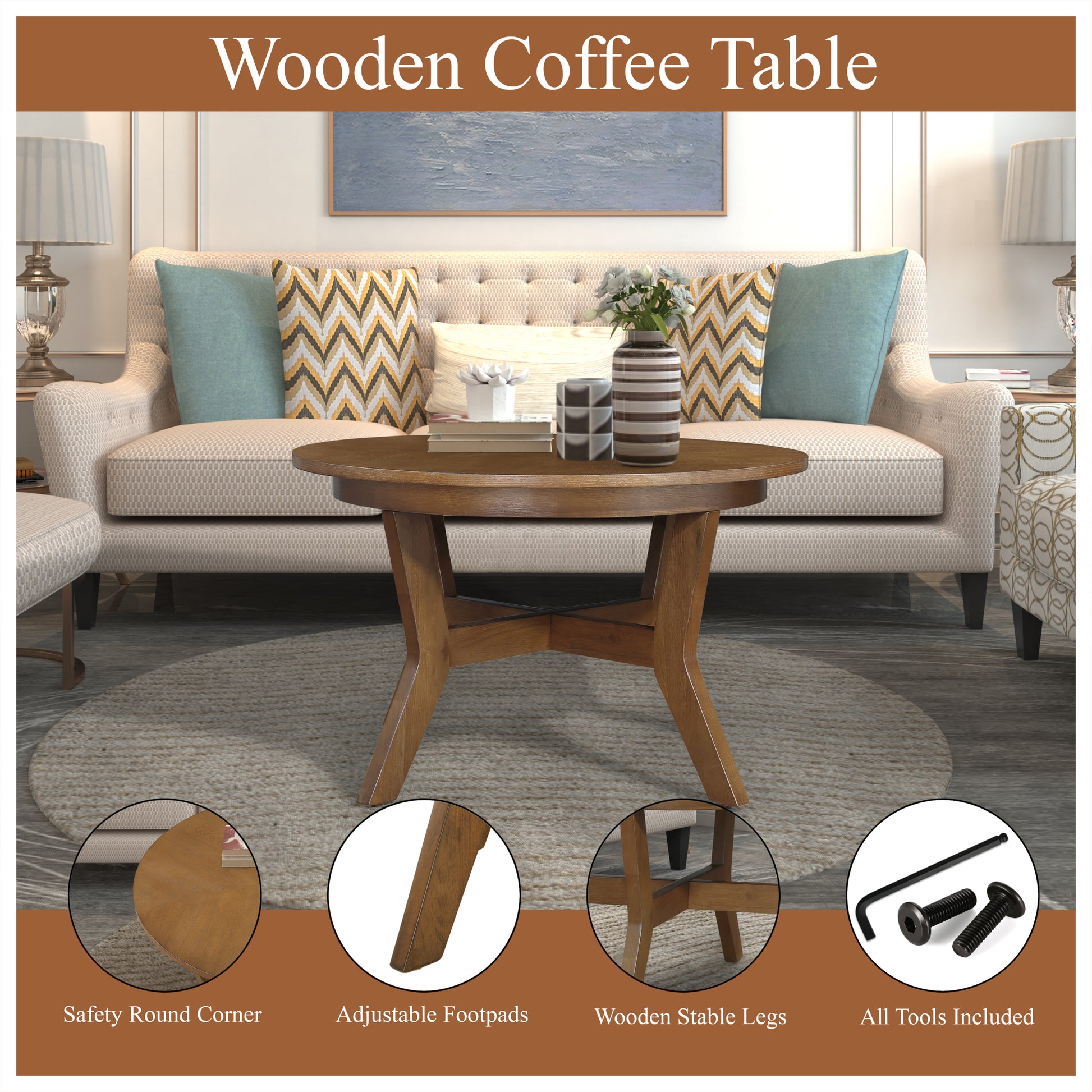 32Inch Wood Round Coffee Table For Living Room,Mid Century Farmhouse Circle Wooden Coffee Tables For Apartment, Easy Assembly, Walnut Walnut Rubber Wood