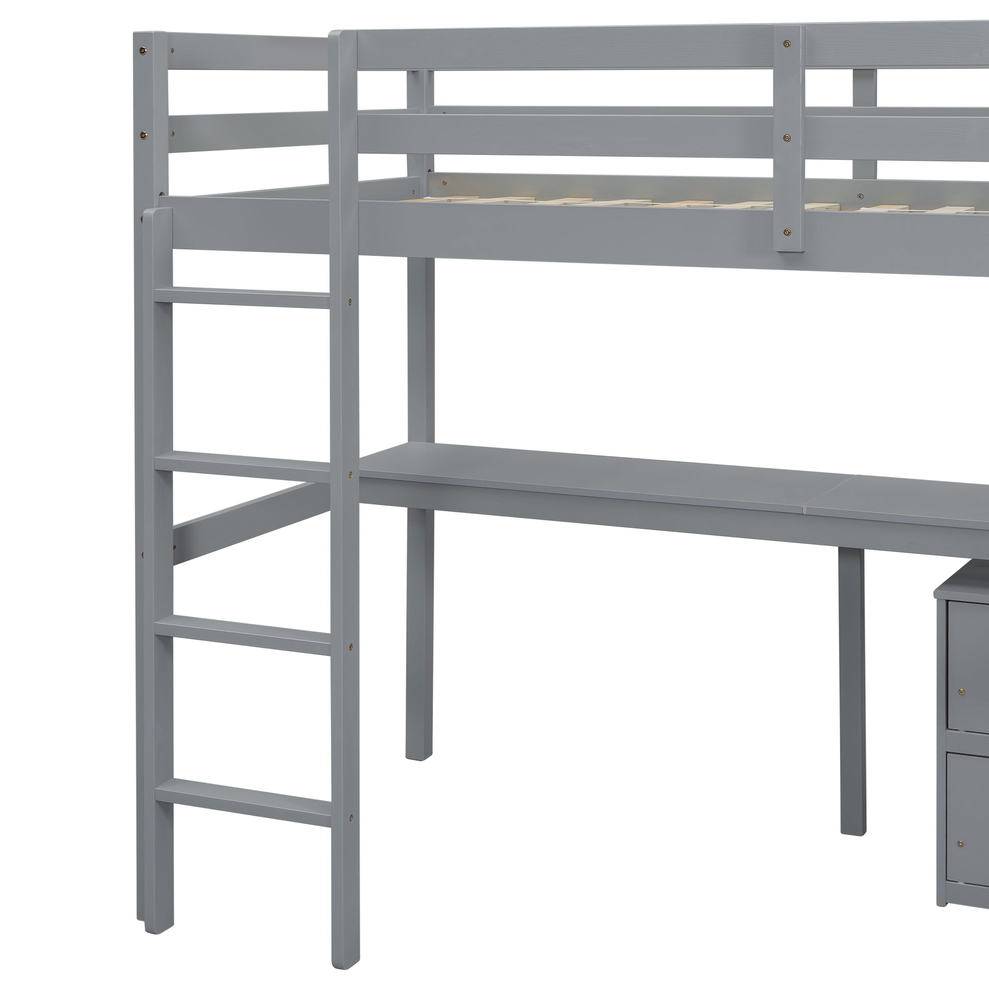 Twin Loft Wood Bed With Under Bed, Built In Desk, A Storage Cabinet Of 2 Drawers, Guardrails, Ladder,Grey Twin Grey Pine