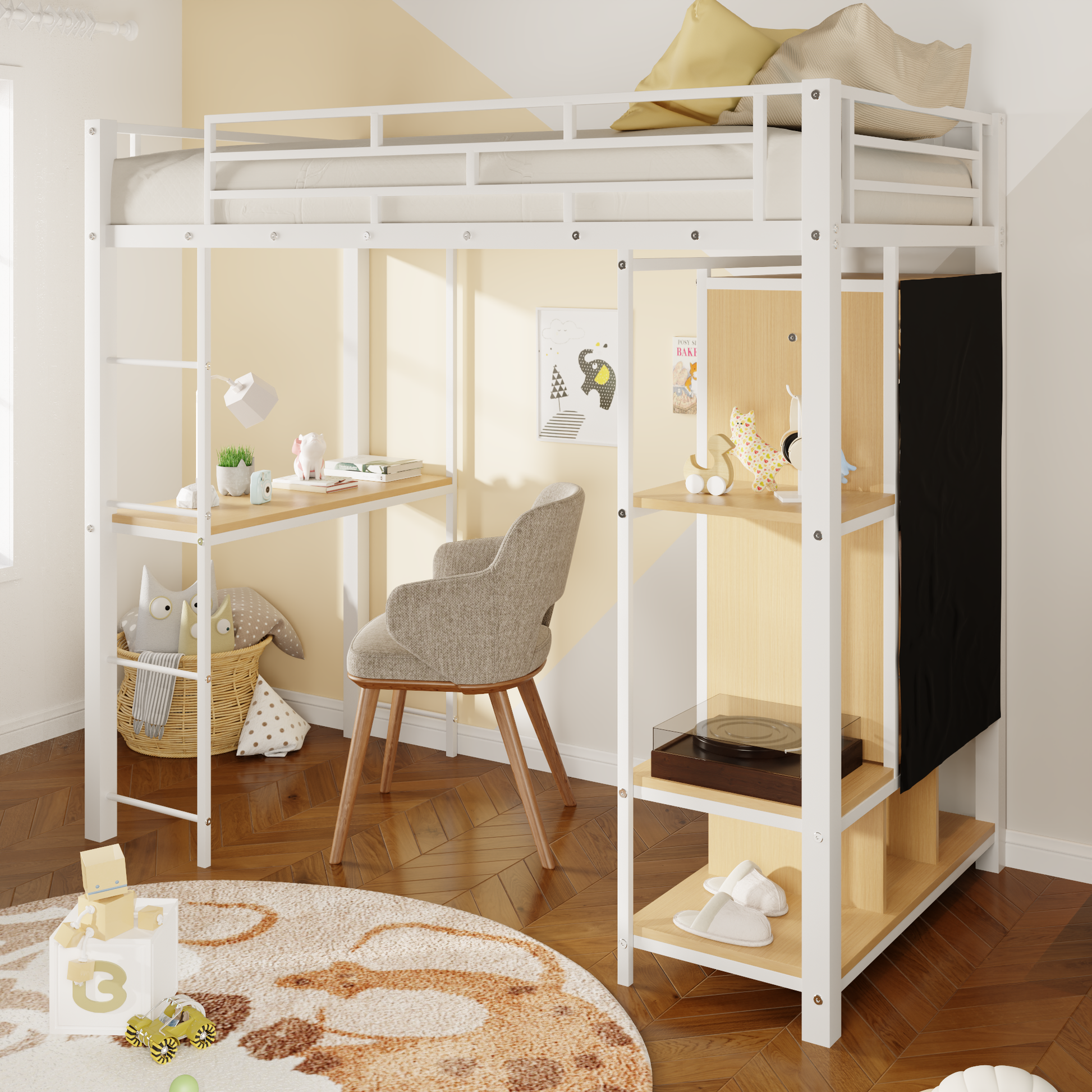 Twin Size Metal Loft Bed With Built In Wardrobe, Desk And Shelves, Black Expected Arrival Time: 9.3 Box Spring Not Required Twin White Metal Mdf Metal