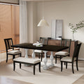 Traditional 6 Piece 78Inch Trestle Extendable Dining Table Set With One 18Inch Removable Leaf, Padded Dining Chairs And Bench,Distressed White Brown Wood Dining Room Solid Wood Rubberwood Rectangular Dining Table With Chair And Bench Upholstered Chair