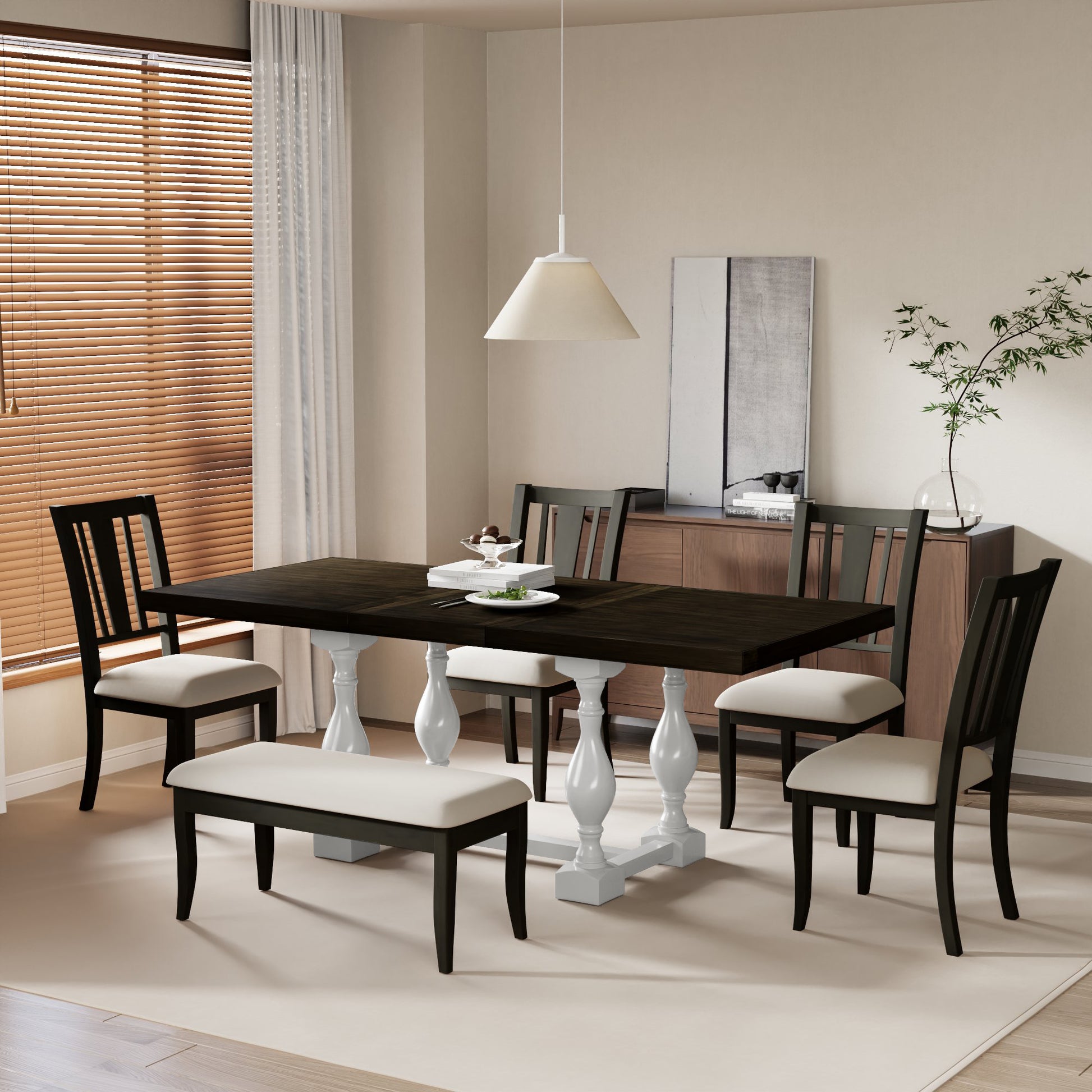 Traditional 6 Piece 78Inch Trestle Extendable Dining Table Set With One 18Inch Removable Leaf, Padded Dining Chairs And Bench,Distressed White Brown Wood Dining Room Solid Wood Rubberwood Rectangular Dining Table With Chair And Bench Upholstered Chair