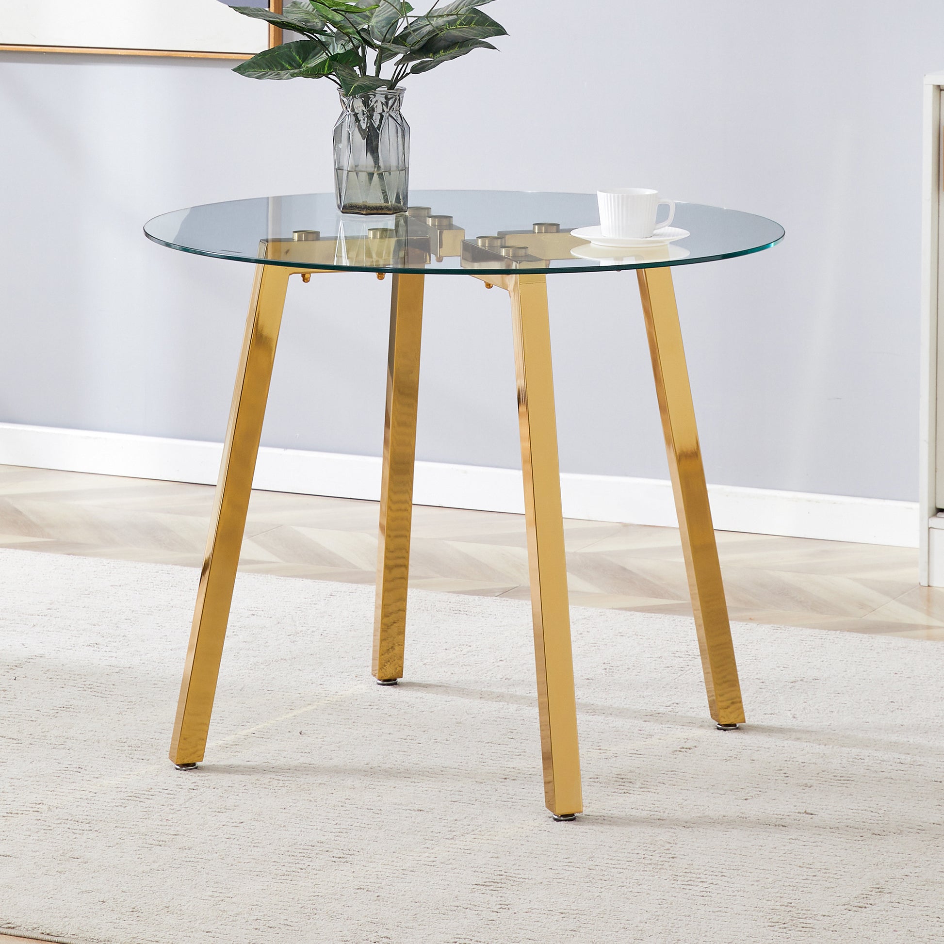 Modern Luxurious Round Tempered Glass Dining Table With Gold 7 Shaped Metal Legs,Suitable For Family Meals, Office Conferences, Or As A Casual Coffee Table For Various Occasions.36*36*29.5 Gold