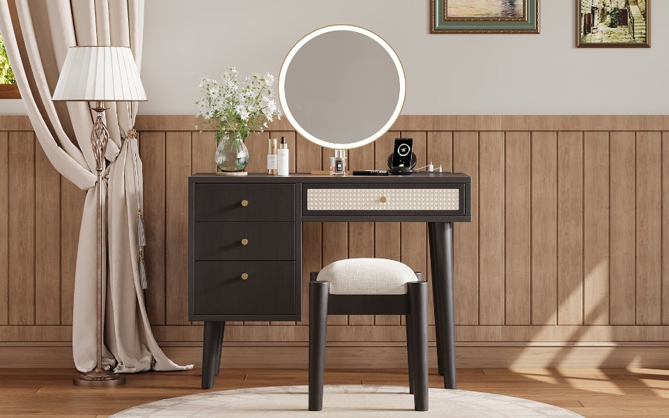 39" Retro Bohemian Style Wooden Makeup Vanity Set With Charging Plug&Usb Port And Stool, Dressing Table With 3 Storage Drawers And 1 Rectangular Rattan Drawer, Black Expected Arrival Time: 08.23 Black 4 Drawers Wood