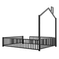 Full Size Metal House Platform Bed With Guardrail And Chimney, Black Box Spring Not Required Full Black Metal Metal