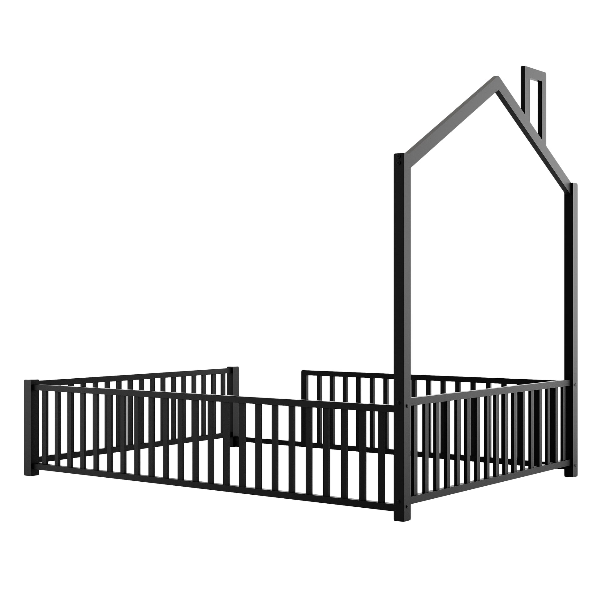 Full Size Metal House Platform Bed With Guardrail And Chimney, Black Box Spring Not Required Full Black Metal Metal