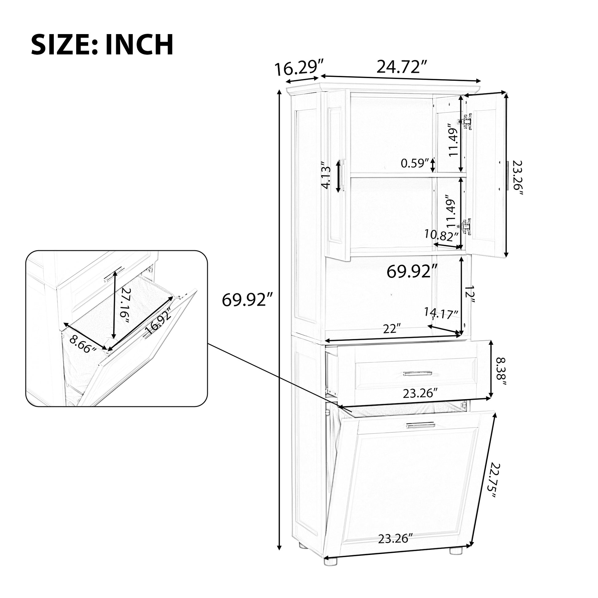 Tall Bathroom Cabinet With Laundry Basket, Large Storage Space Tilt Out Laundry Hamper And Upper Storage Cabinet, Grey Grey Mdf