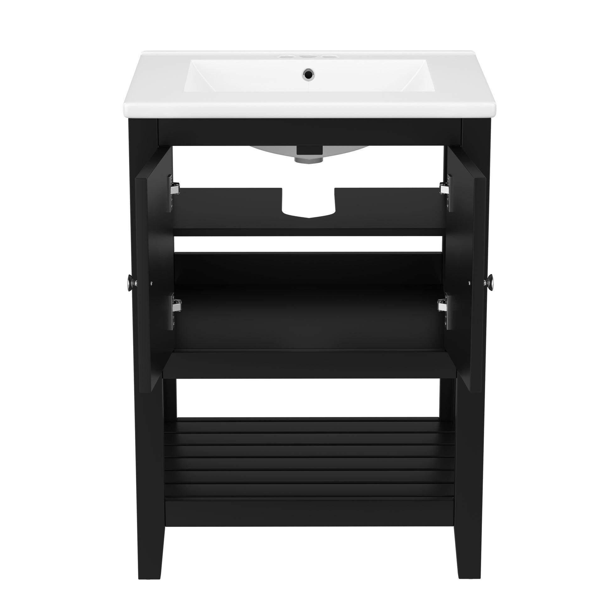 Video 24" Black Modern Sleek Bathroom Vanity Elegant Ceramic Sink With Solid Wood Frame Open Style Shelf Black Solid Wood Mdf