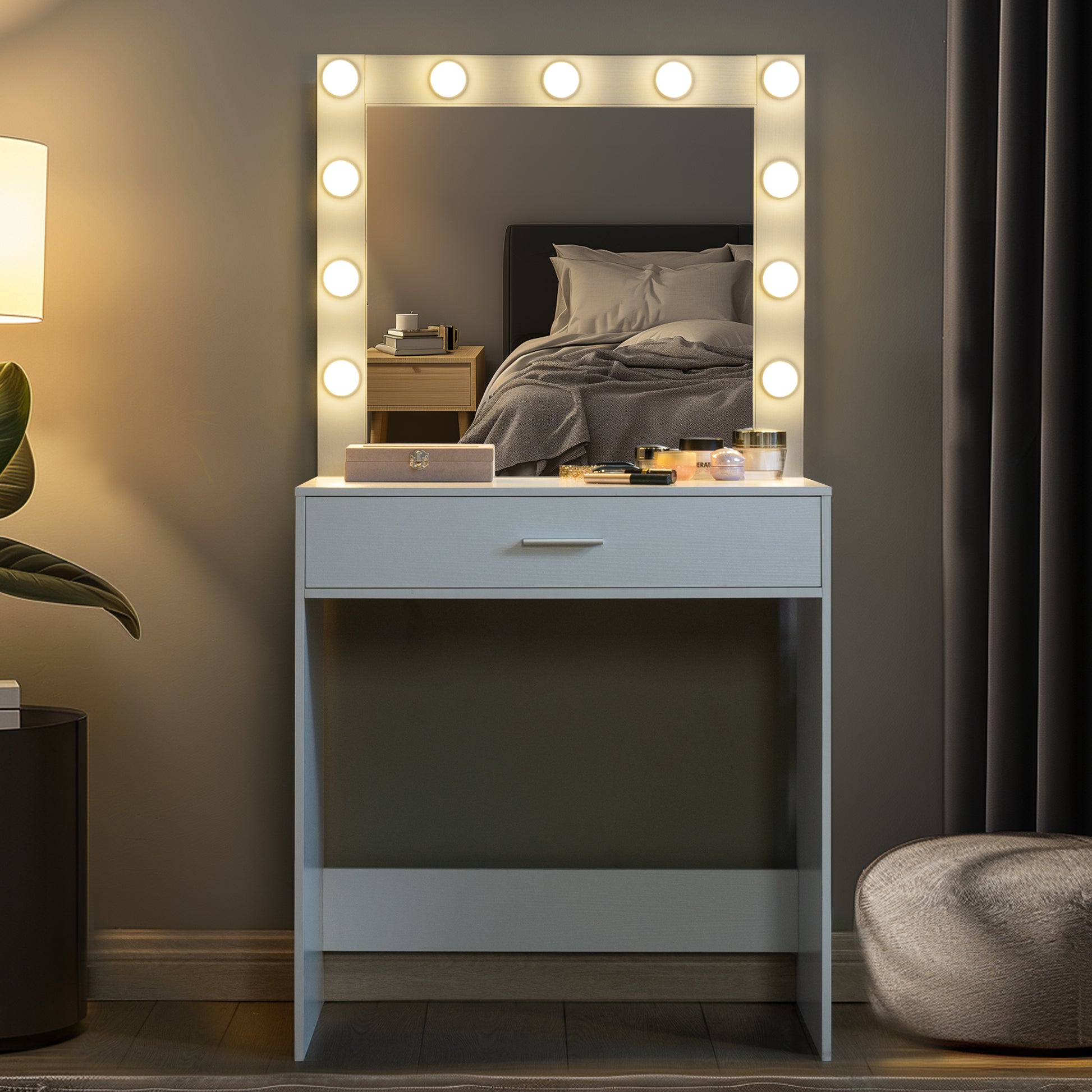 Vanity Desk With Mirror And Lights, Dressing Table With Large Drawer, 1 Level Storage Dresser & 3 Lighting Modes Adjustable Brightness, Suitable For Bedroom White White Particle Board