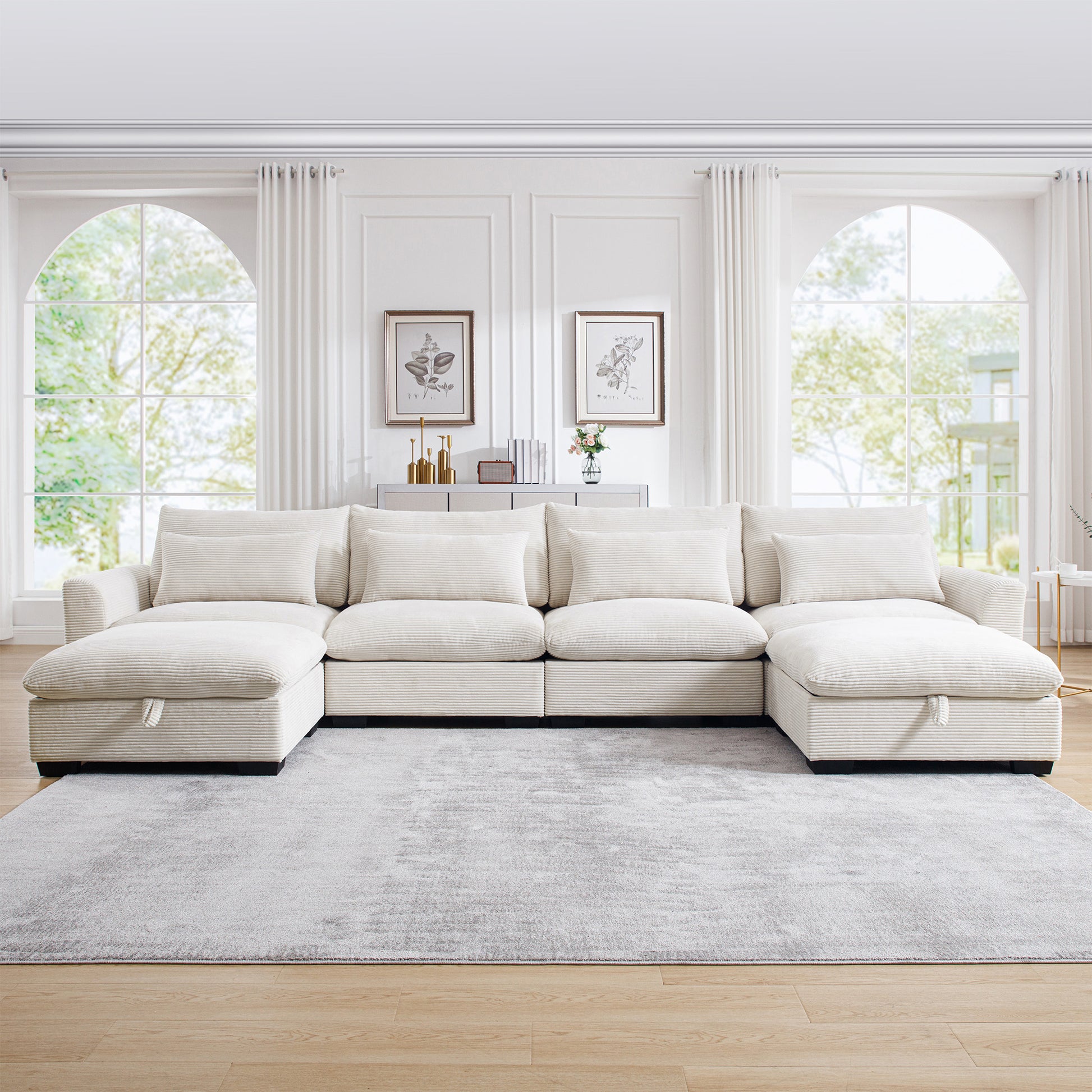 Big Deep Seat U Shaped Corduroy Sectional Couches For Living Room, 4 Seater Sofa Couch With 2 Storage Footstool And 4 Waist Pillows Corduroy, Beige Beige Corduroy 4 Seat