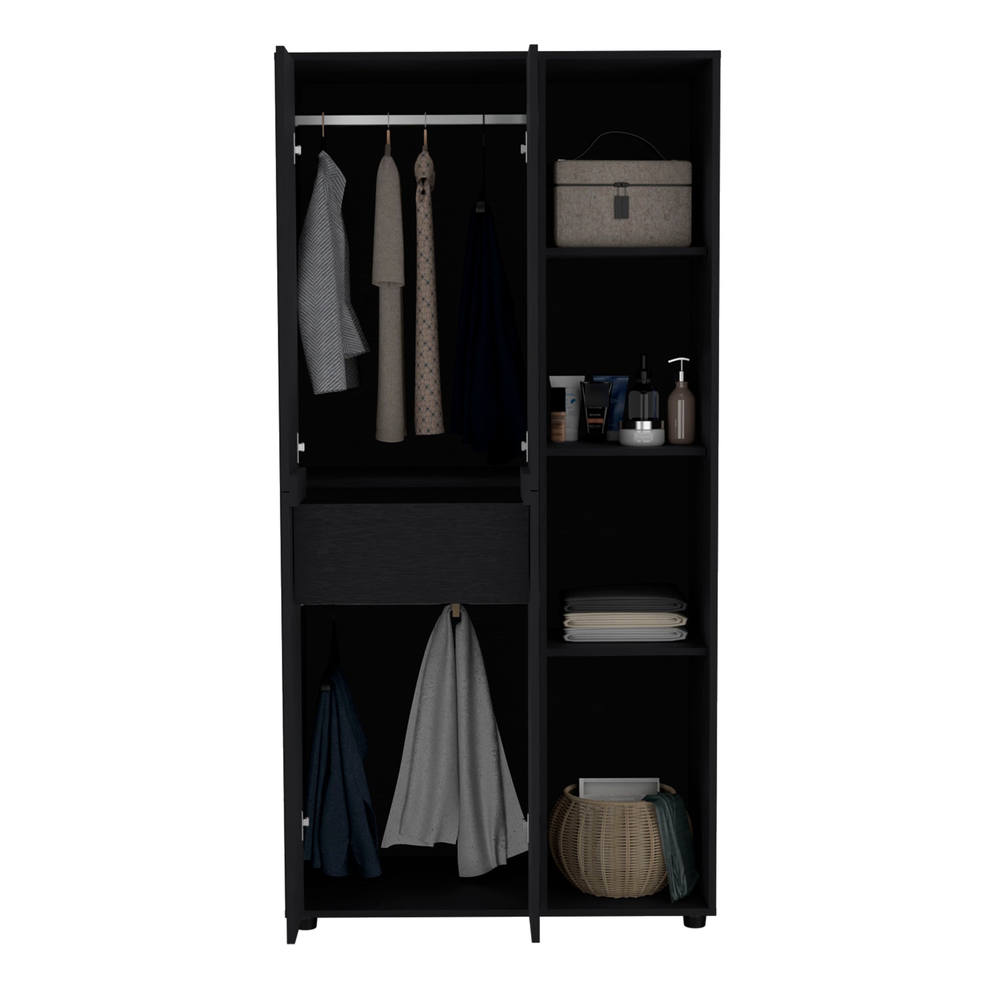 Misuri Wardrobe Armoire With Double Door, Drawer, Hanging Rodss, And Open Shelves Black Black Particle Board