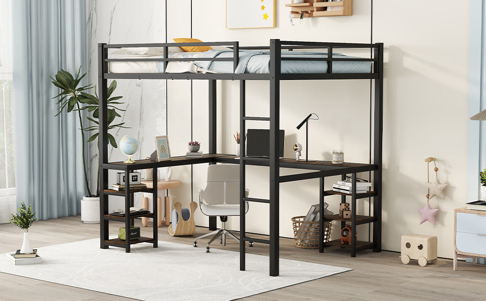 Full Metal Loft Bed With Desk And Shelves, Loft Bed With Ladder And Guardrails, Loft Bed Frame For Bedroom, Black With Vintage Wood Colored Desk Full Black Metal