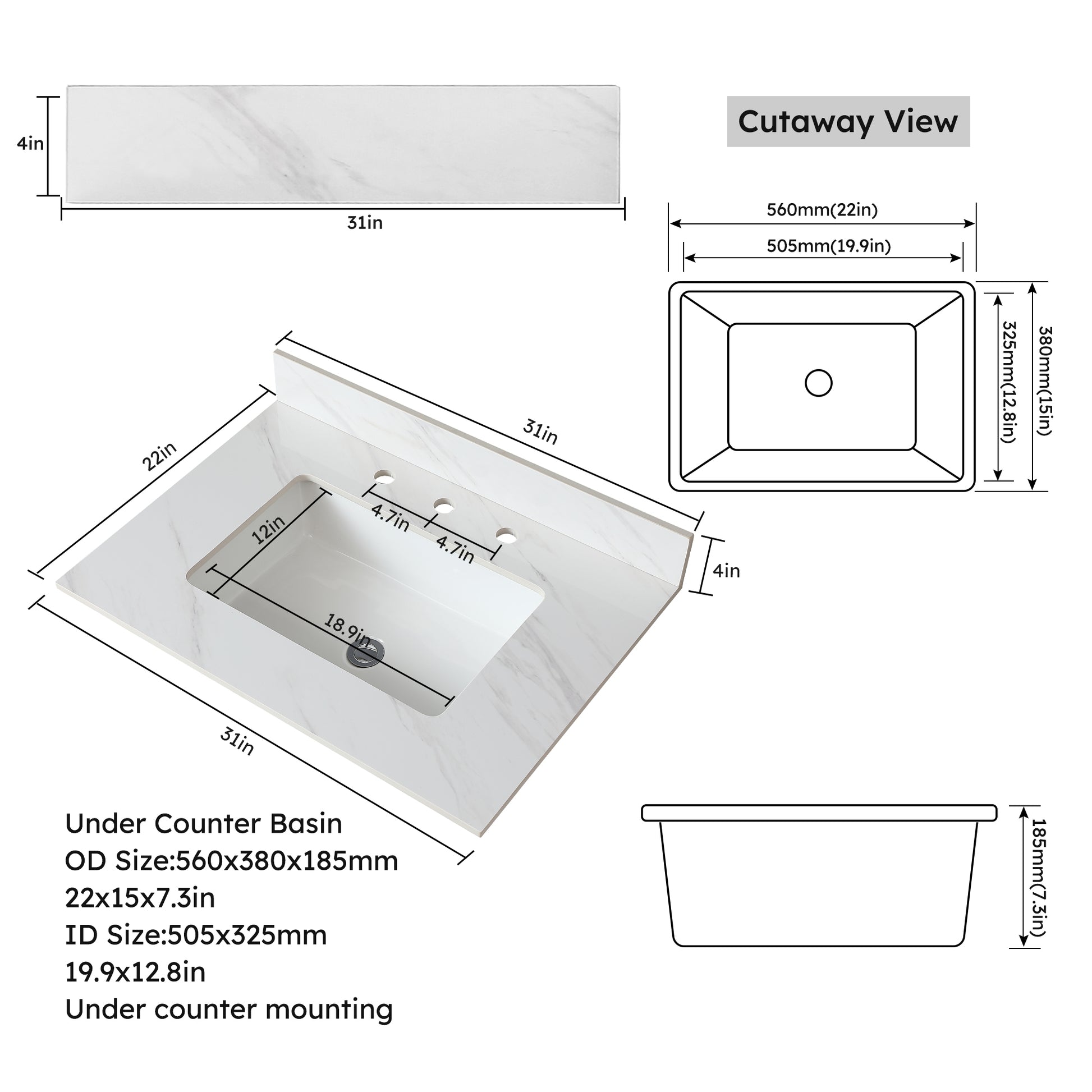 31 Inch Marble Vanity Top, White Vanity Top With Pre Drilled Faucet Holes, Bathroom Vanity Top With Undermount Rectangular Middle Sink And 4" Height Backsplash, Bianco Carrara Venato White Bathroom Sintered Stone