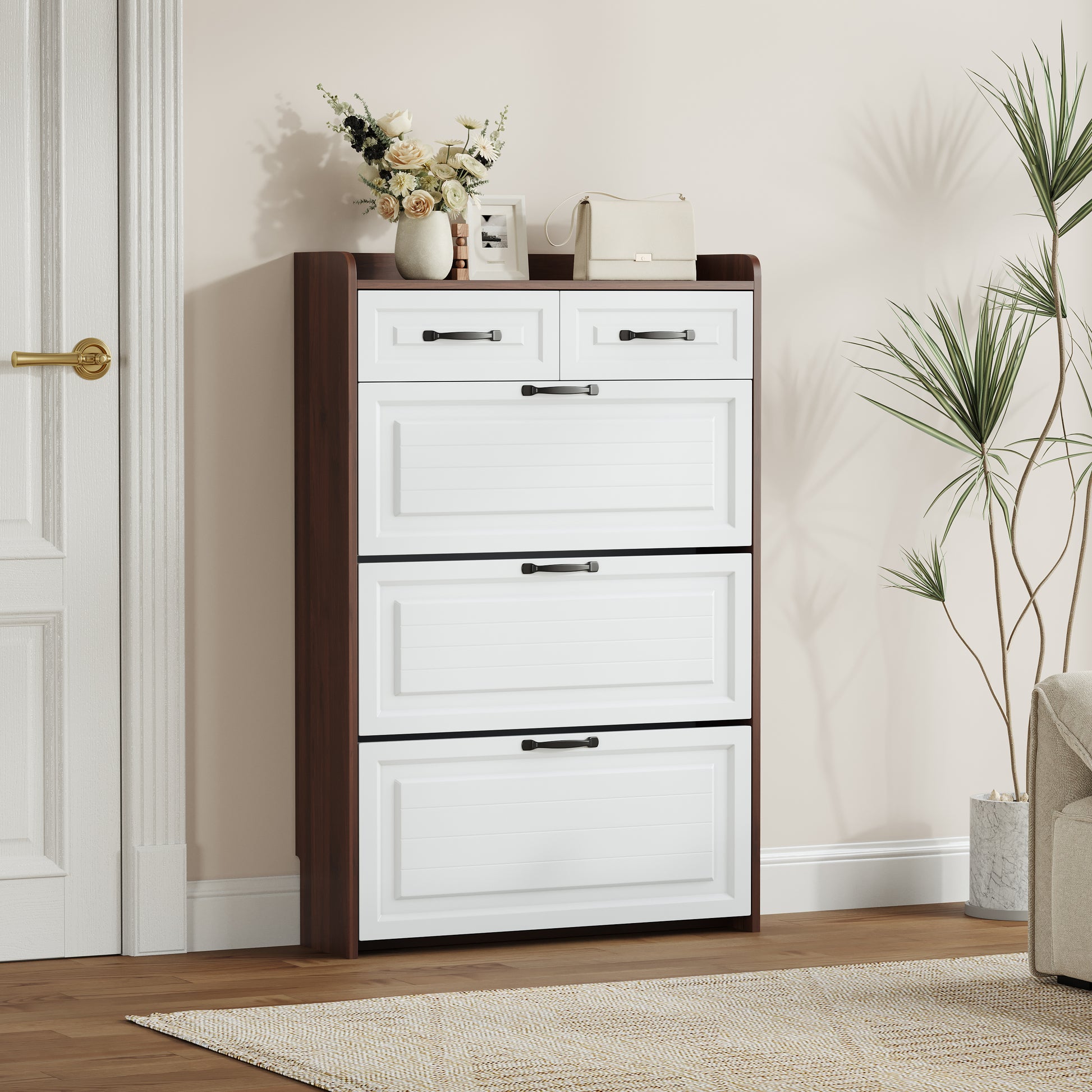 1250 Walnut Colored Shoe Cabinet, 3 Doors And 2 Drawers, Pvc Door Design, Large Storage Space Freestanding Walnut Primary Living Space Adjustable Shelves Classic Wood Particle Board Mdf