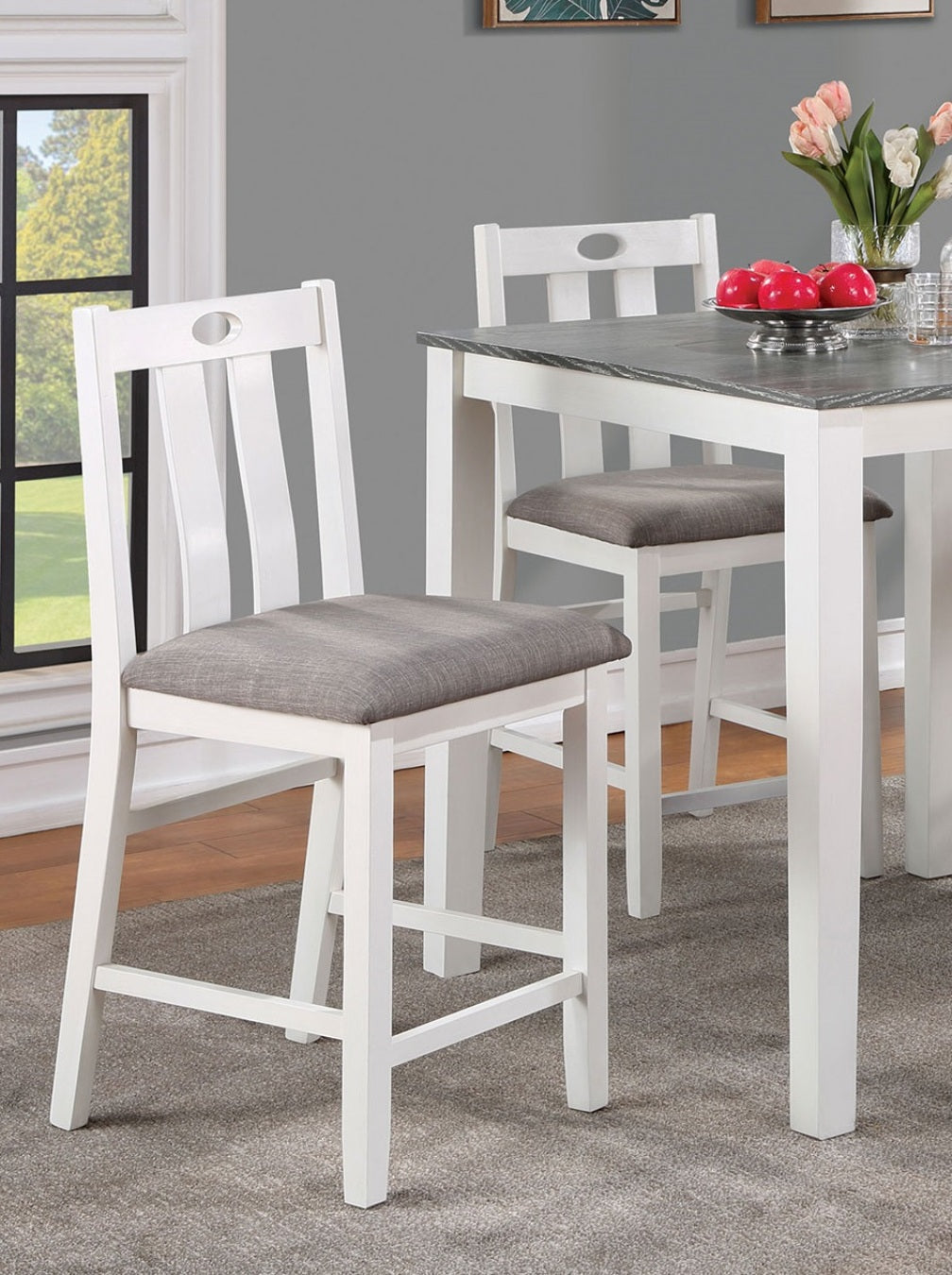 White Solid Wood 5Pc Counter Height Dining Set Table 4X Chairs Gray Linen Like Fabric Cushions Seats Chairs Dining Room Wood Dining Room Solid Wood Square Dining Table With Chair Wood Wood White Gray Slat Back Seats 4 36 Inches