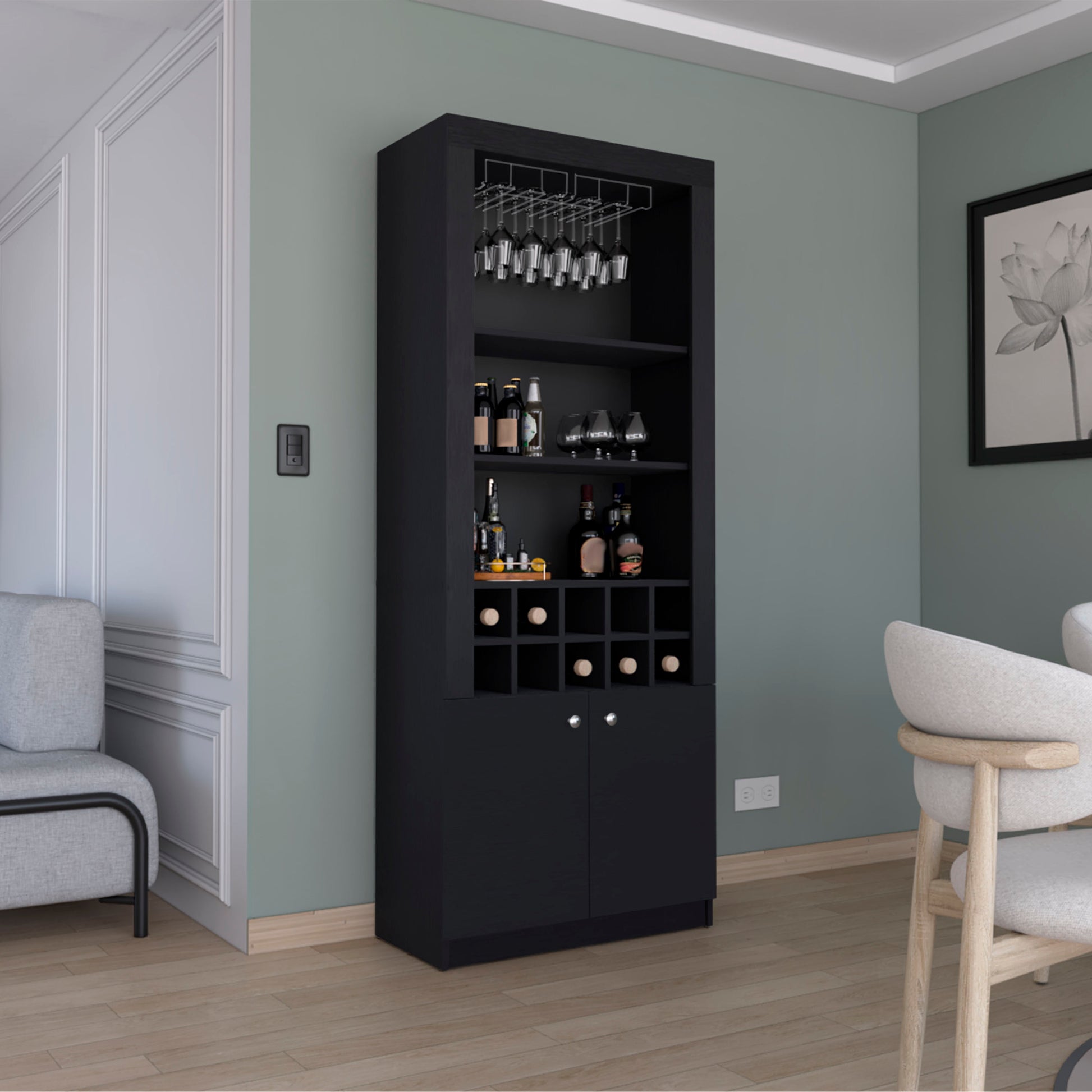 Nero 74 Inch Tall Bar Cabinet 4 Tier Modern Bar Cabinet With Glass Holder Stemware Rack, Wine Cabinet, Liquor Cabinet, 10 Bottle Cubbies And 4 Shelves. Black Primary Living Space Modern Particle Board Shelves Included Engineered Wood