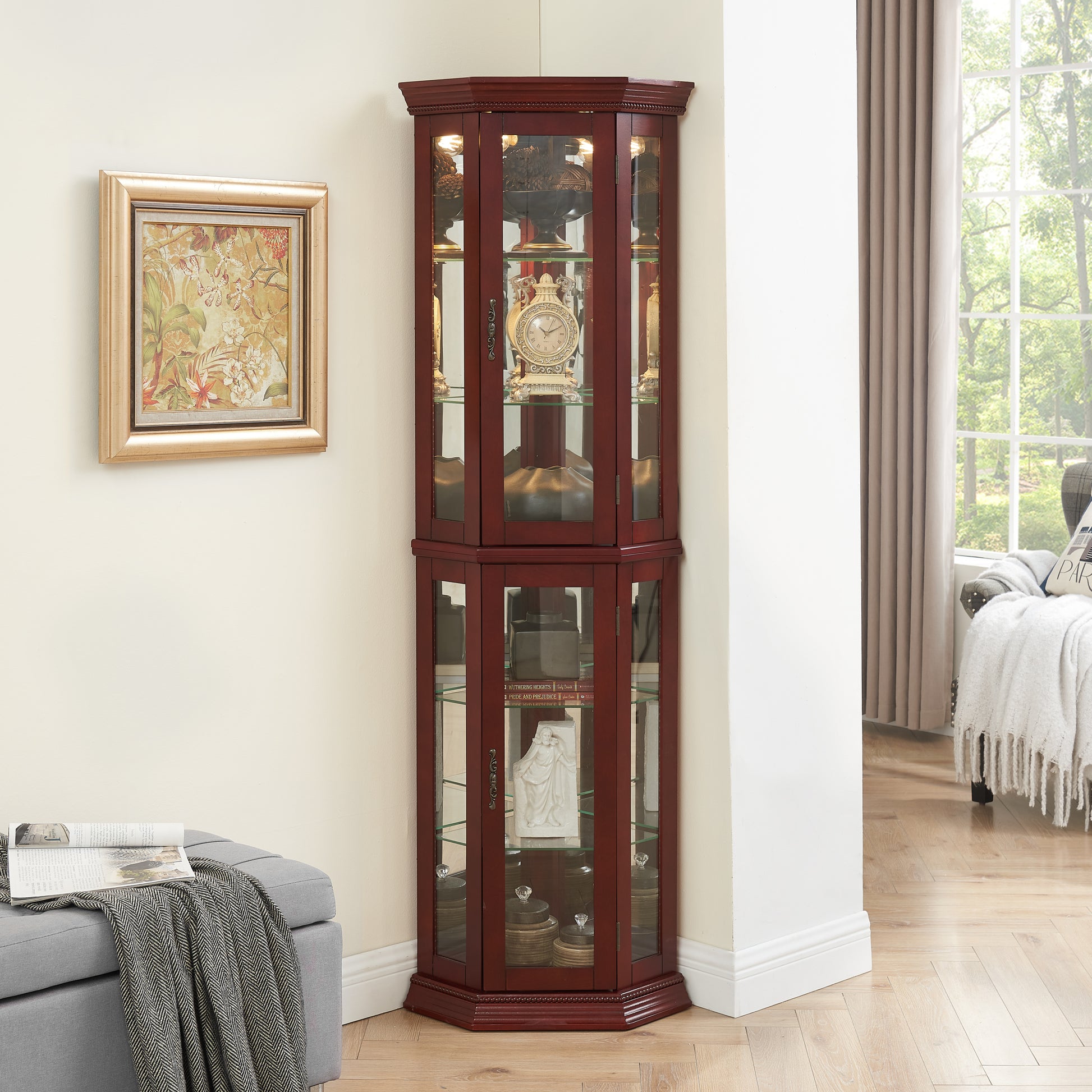 Corner Curio Cabinet With Lights, Adjustable Tempered Glass Shelves, Mirrored Back, Display Cabinet,Cherry E26 Light Bulb Not Included Cherry Mdf