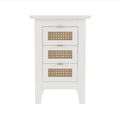 3 Pieces Bedroom Sets Queen Size Wooden Platform Bed With Natural Rattan Headboard, Nightstands Set Of 2 With Rattan Woven Surfaces And Three Drawers For Bedroom, White White Particle Board