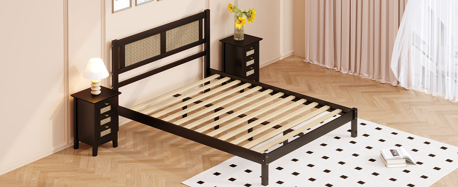 3 Pieces Bedroom Sets Full Size Wooden Platform Bed With Natural Rattan Headboard, Nightstands Set Of 2 With Rattan Woven Surfaces And Three Drawers For Bedroom, Black Black Particle Board