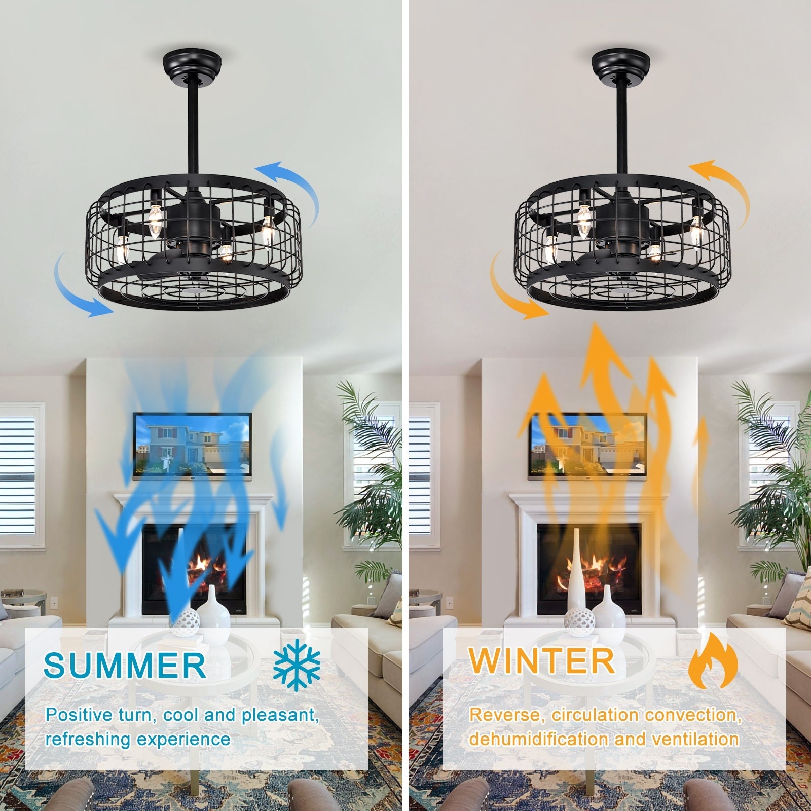 20.24" Caged Ceiling Fan With Remote Control,Timer, 3 Speeds Indoor Ceiling Fan For Farmhouse, Bedroom Living Room No Include Bulbs Matte Black American Design,Farmhouse,Modern,Traditional,Vintage Abs Metal