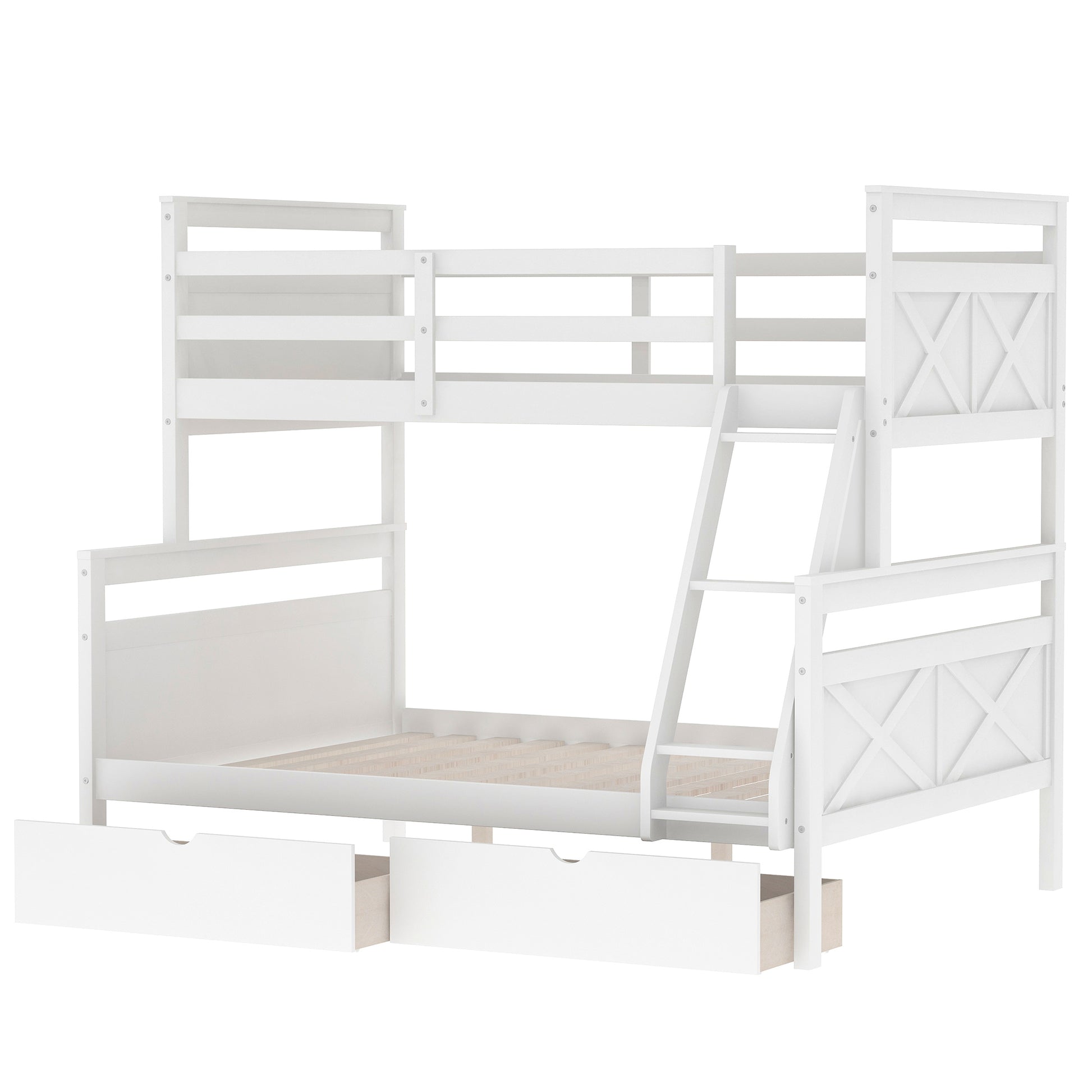 Twin Over Full Bunk Bed With Ladder, Two Storage Drawers, Safety Guardrail, White Twin Box Spring Not Required White Bedroom Bunk Pine