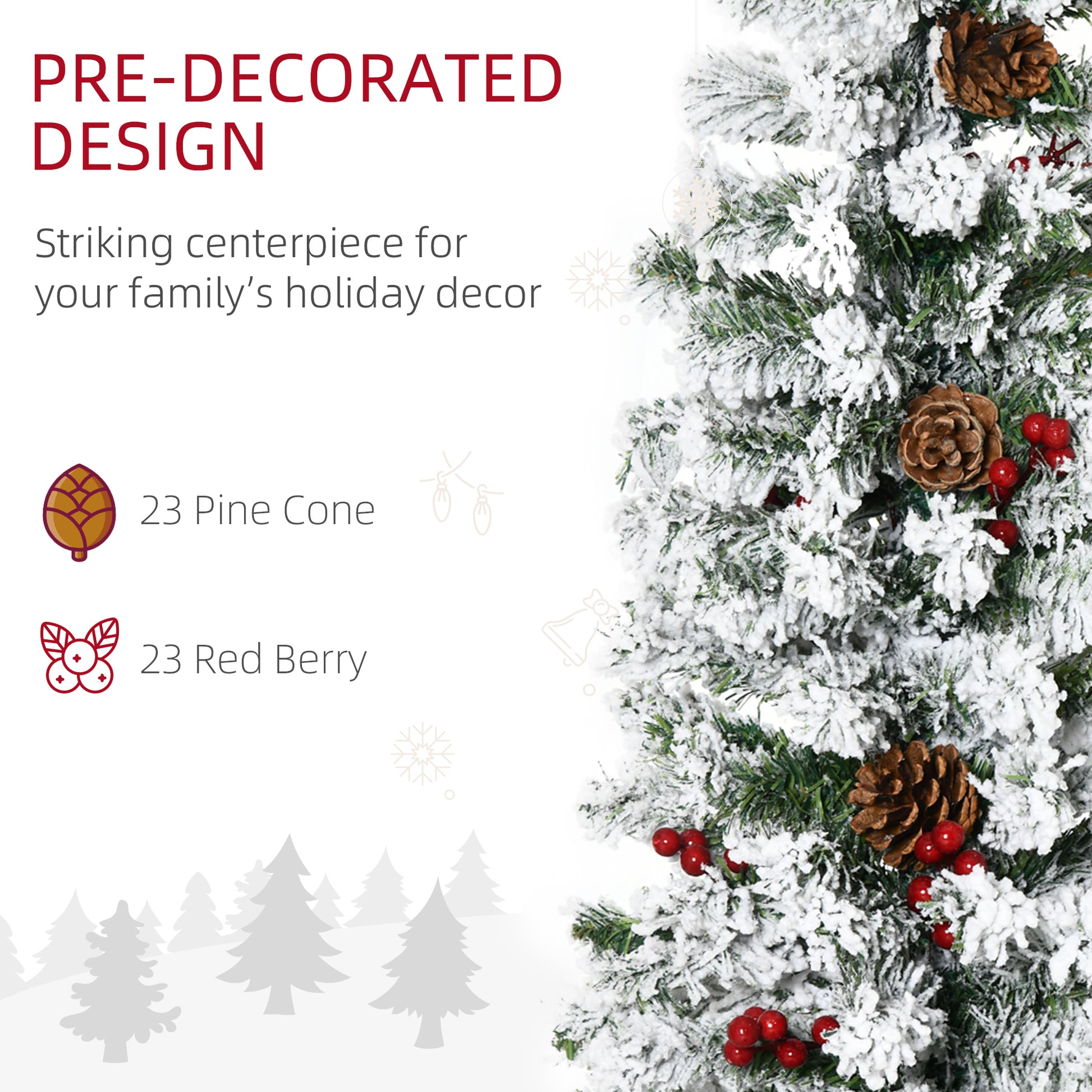 Homcom 6' Pencil Snow Flocked Artificial Christmas Tree With 600 Pine Realistic Branches, Pine Cones, Red Berries, Auto Open, Green Green Plastic