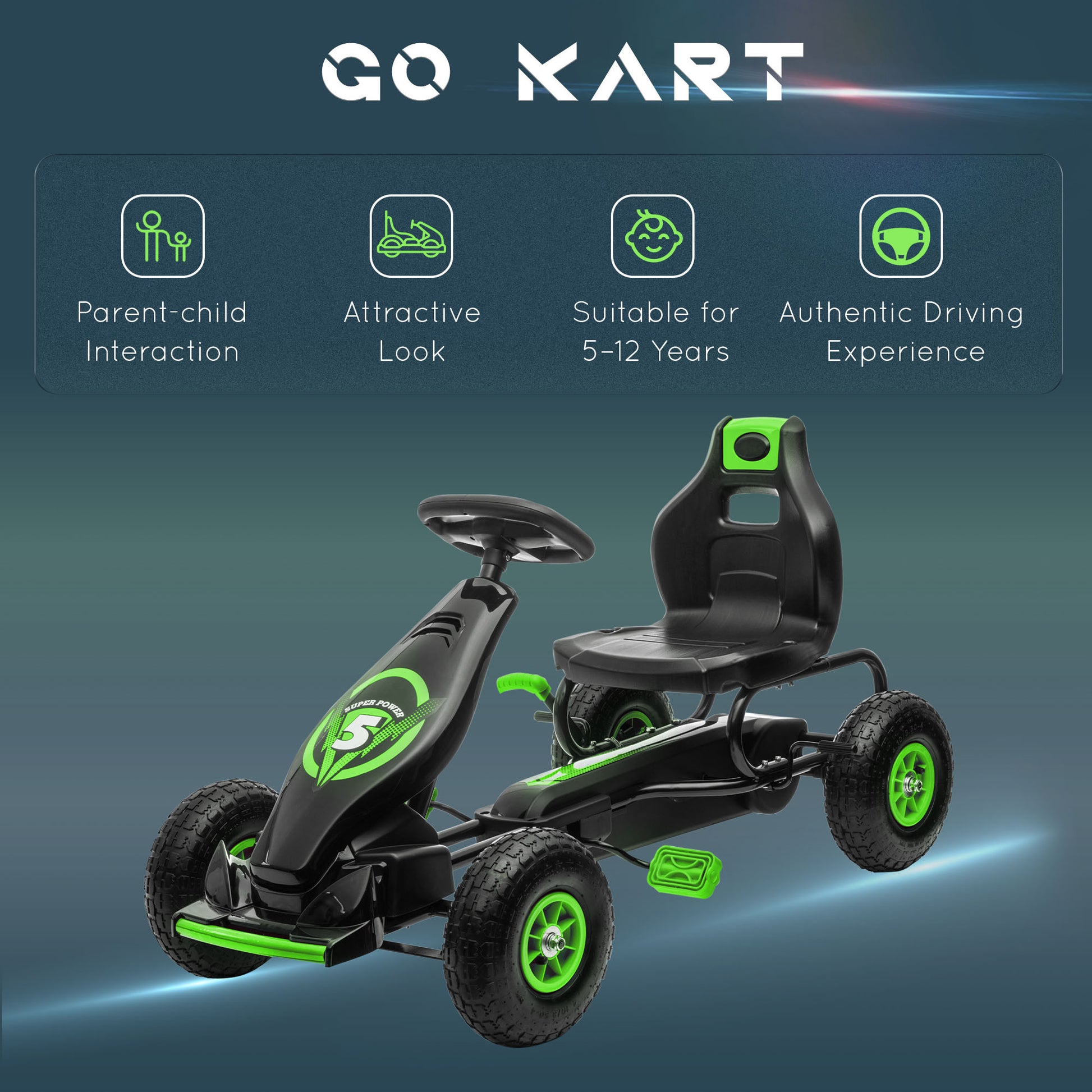Aosom Kids Pedal Go Kart Ride On Toy With Ergonomic Comfort, Pedal Car With Tough, Wear Resistant Tread, Go Cart Kids Car For Boys & Girls With Suspension System, Safety Hand Brake, Ages 5 12, Green Green Plastic