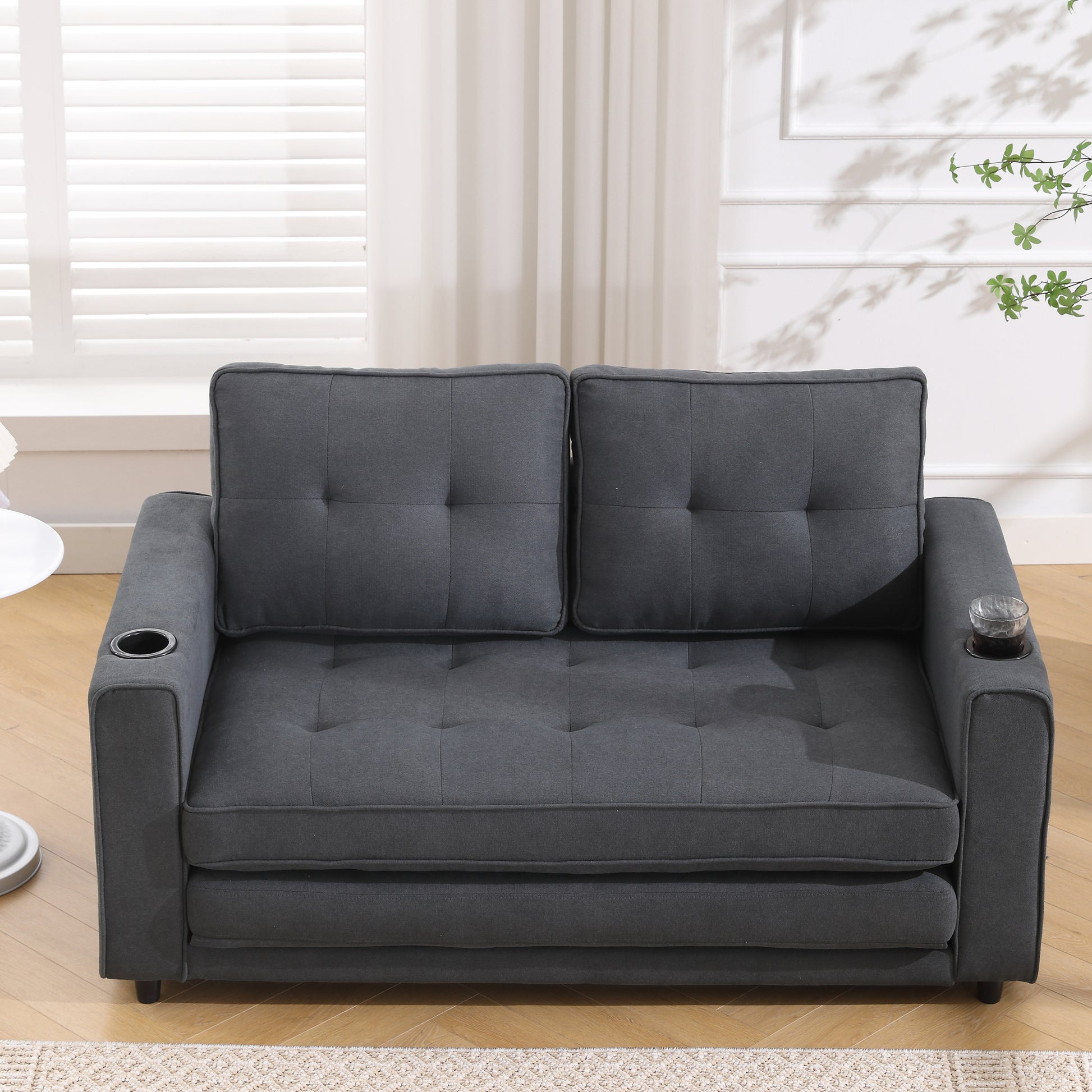 3 In 1 Upholstered Futon Sofa Convertible Sofa Bed,Foldable Tufted Loveseat With Pull Out Sleeper Couch Bed,Folding Mattres Beautiful Seat Daybed W Side Pockets And Cup Holder, Dark Gray Dark Gray Foam Fabric