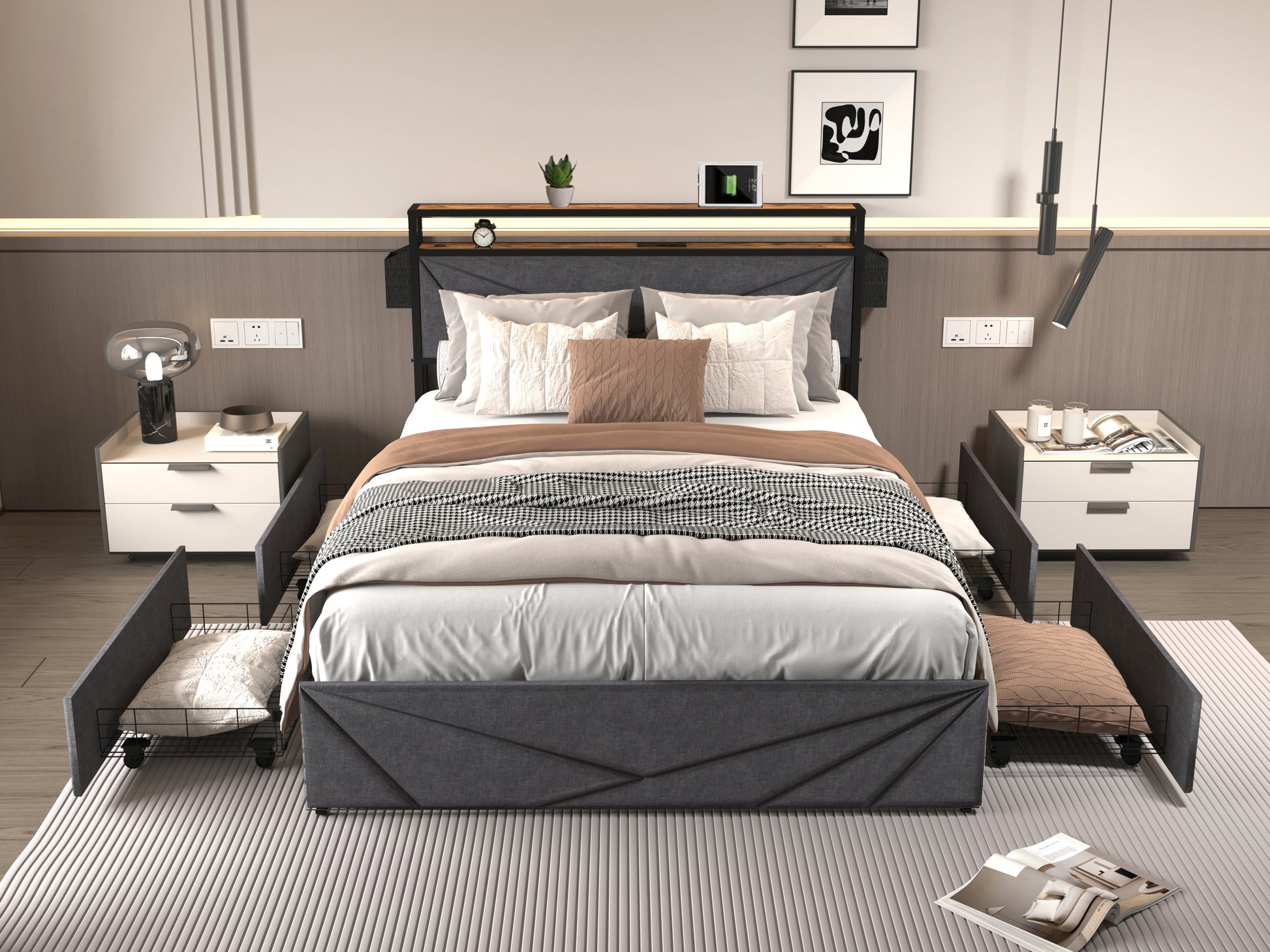 Full Bed Frame, Storage Headboard With Charging Station, Solid And Stable, Noise Free, No Box Spring Needed, Easy Assembly Box Spring Not Required Full Black Gray Metal Bedroom Bed Frame Mdf Metal