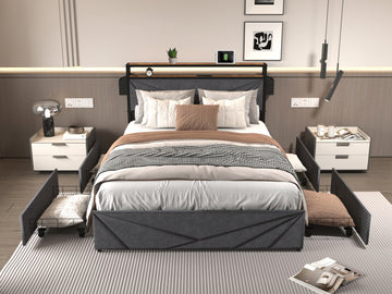 Full Bed Frame, Storage Headboard With Charging Station, Solid And Stable, Noise Free, No Box Spring Needed, Easy Assembly Box Spring Not Required Full Black Gray Metal Bedroom Bed Frame Mdf Metal