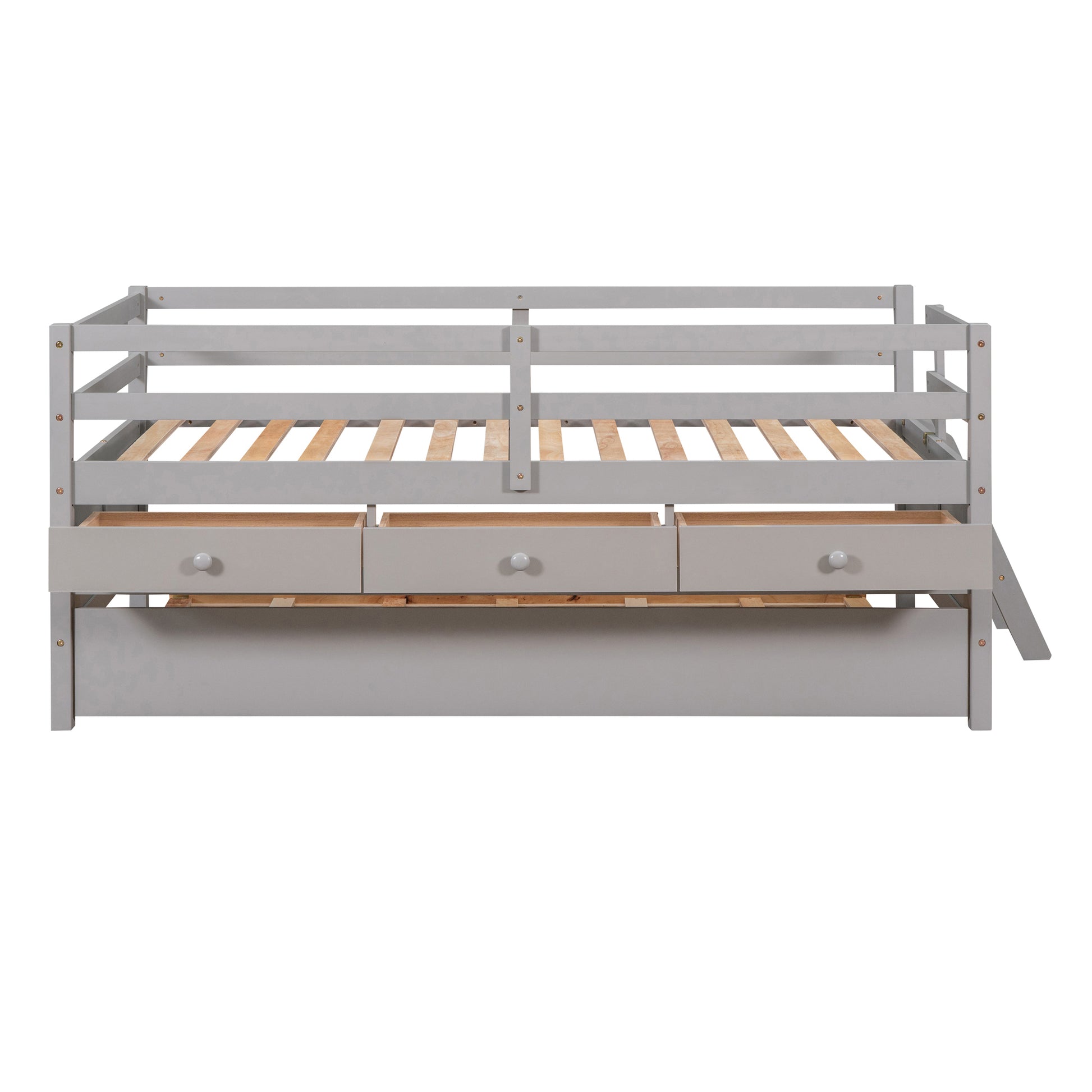 Low Loft Bed Twin Size With Full Safety Fence, Climbing Ladder, Storage Drawers And Trundle Gray Solid Wood Bed Gray Solid Wood