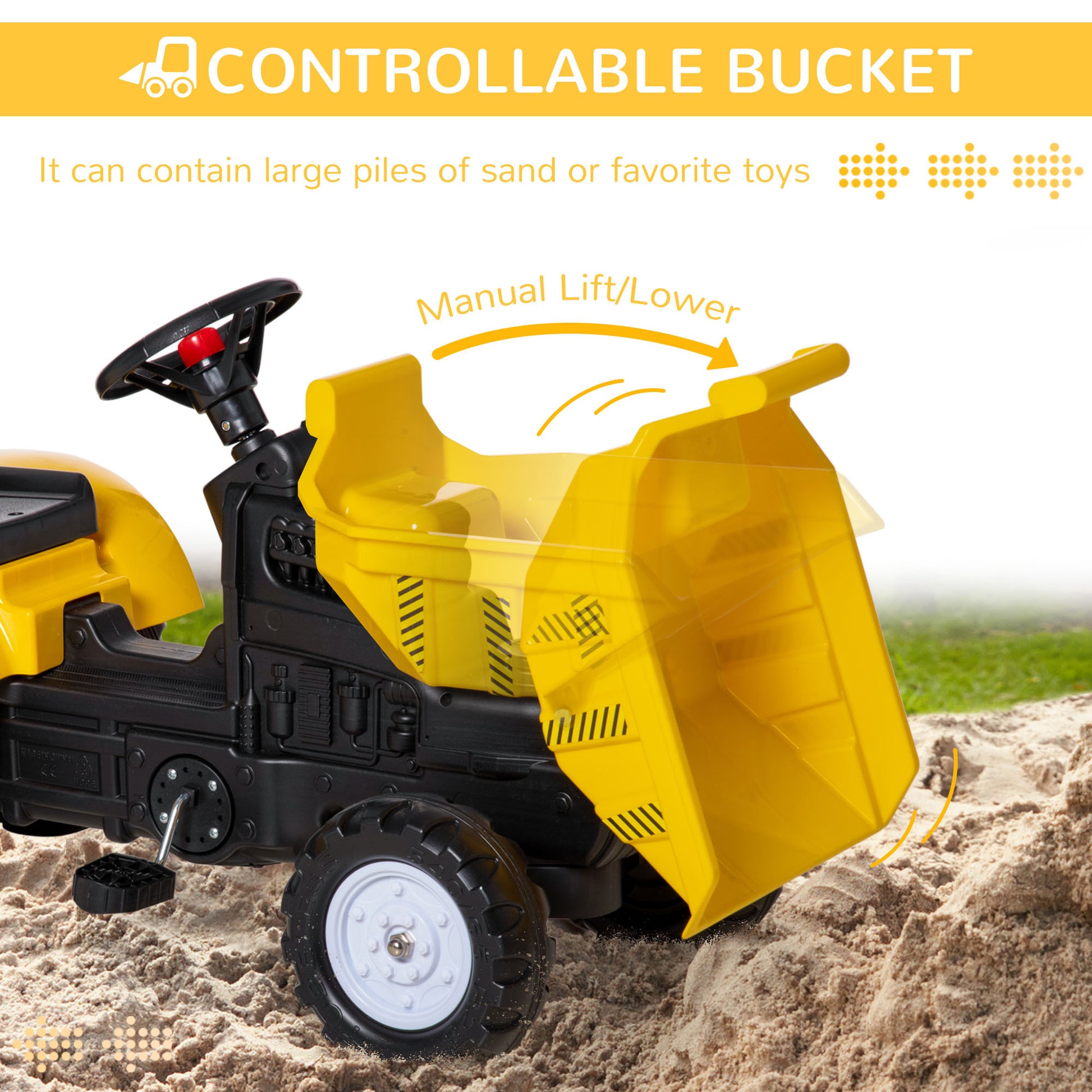 Aosom Ride On Excavator With Manual Control Bucket, No Power Ride On Tractor Pedal Car Pretend Play With Forward Backward, For Aged 3 6 Years Old, Yellow Yellow Iron Plastic