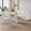 Table And Chair Set, Modern Dining Table, Imitation Marble White Top And Silver Legs, Soft And Comfortable Dining Chair, Perfect For Dinner, Meetings, Home And Office Decor White Silver Glass Metal