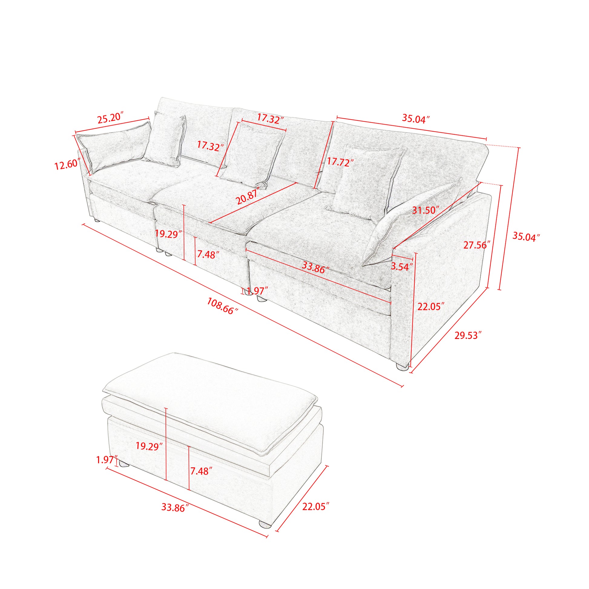 108.66"Modern Chenille L Shaped Sectional Sofa With Convertible Chaise, Comfy Cloud Couch Deep Sectional Sofa With Ottomans For Living Room White Wood Foam Chenille 3 Seat