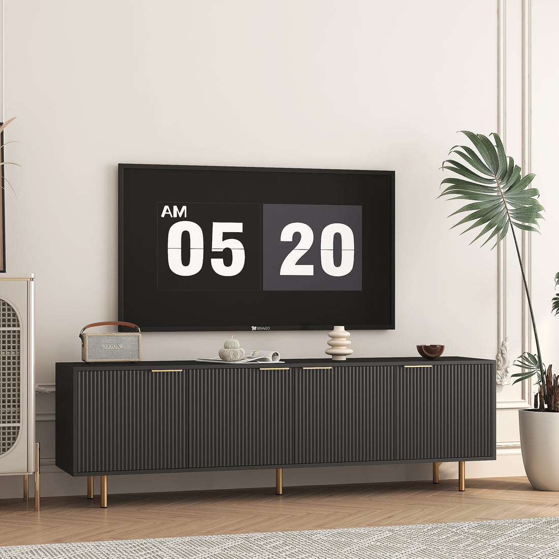 Black Modern Tv Stand Fluted 68"Entertainment Center With Storage Doors, Tv Console Media Cabinet, For 55 Inch Tv, Living Room Black 60 69 Inches Mdf