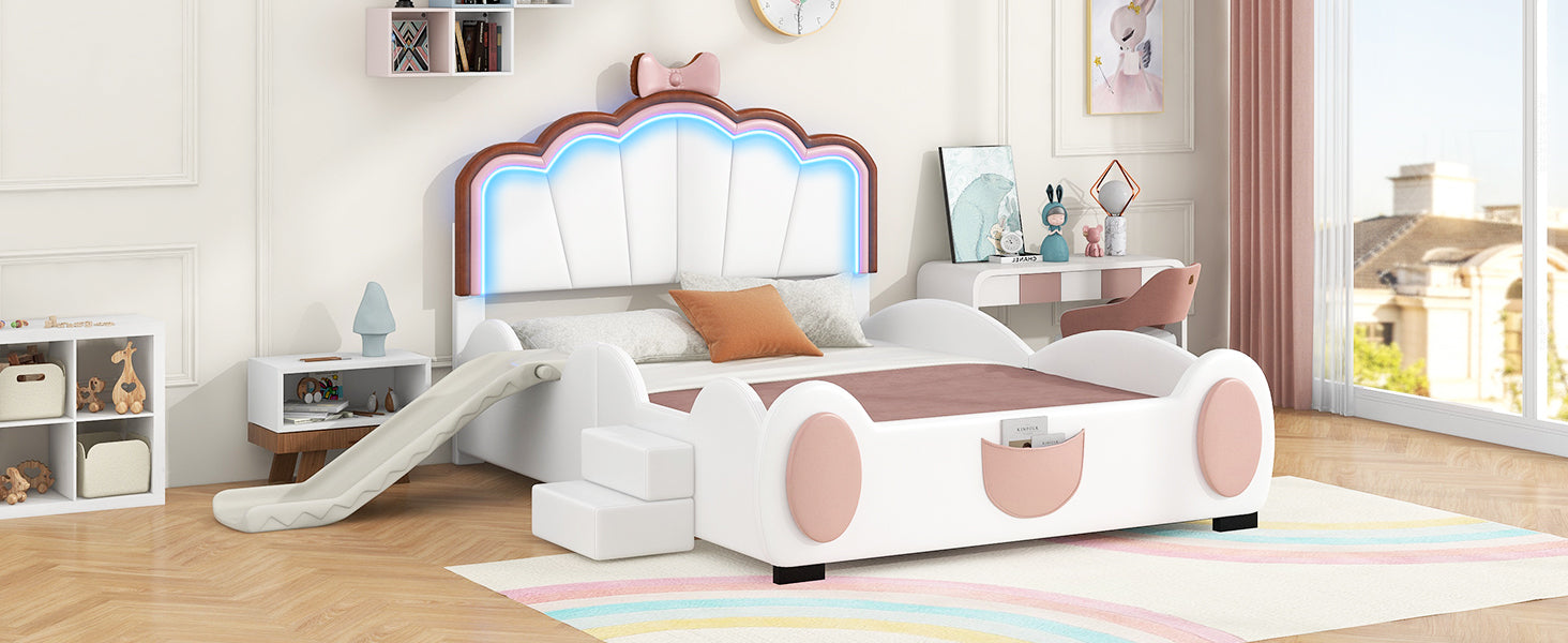 Full Size Upholstered Led Light Platform Bed With Shell Headboard And Children'S Slide, Pink Box Spring Not Required Full Pink White Wood Bedroom Bed Frame Faux Leather Upholstered