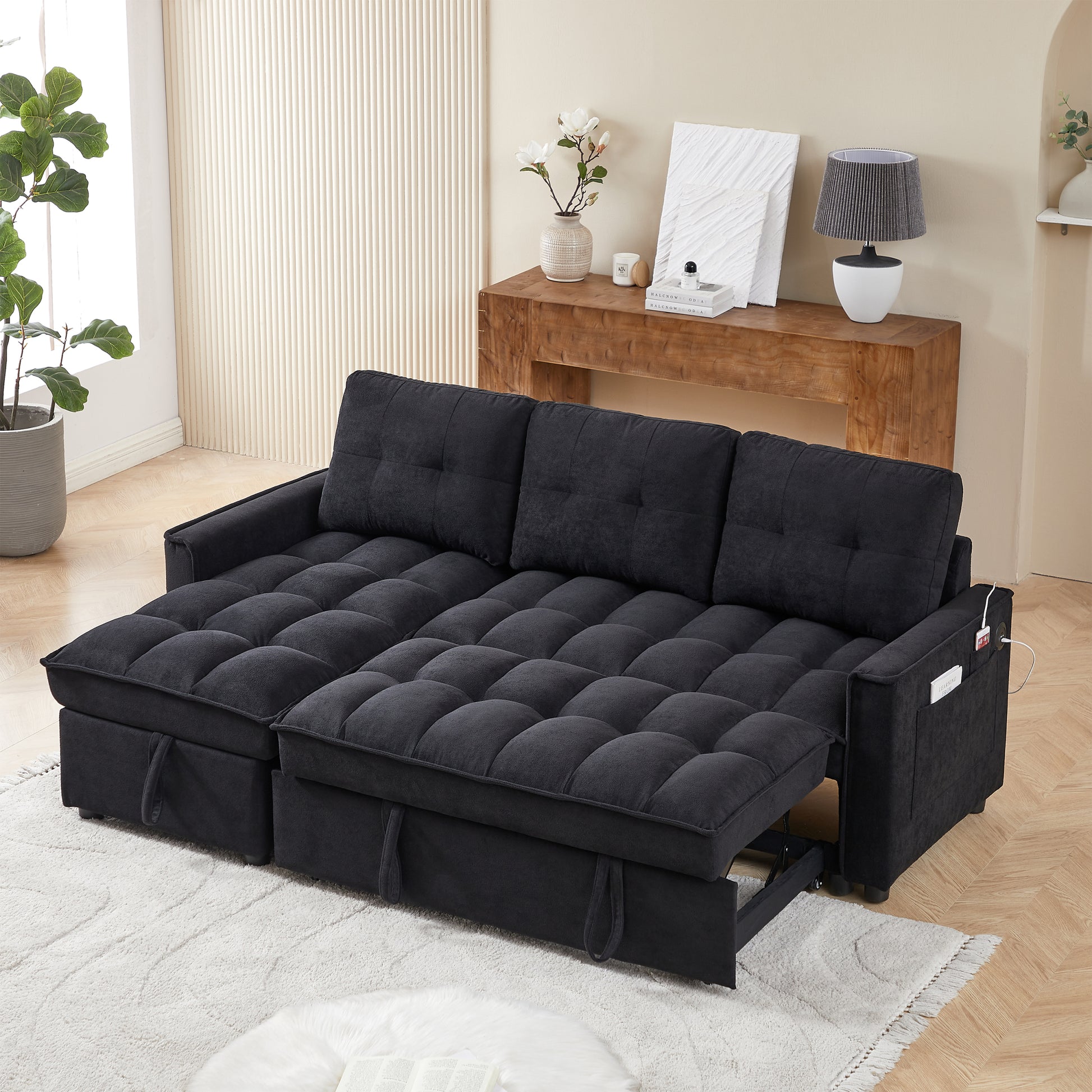 Mh 78.75" Reclining Sofa, Pull Out Sofa Bed With Usb And Tape C Charging Ports, L Shaped Sectional Sofa With Reclining Storage And Arm Side Organizer Pocket Features, Living Room Comfort Sofa Black Chenille Wood Primary Living Space Eucalyptus Foam