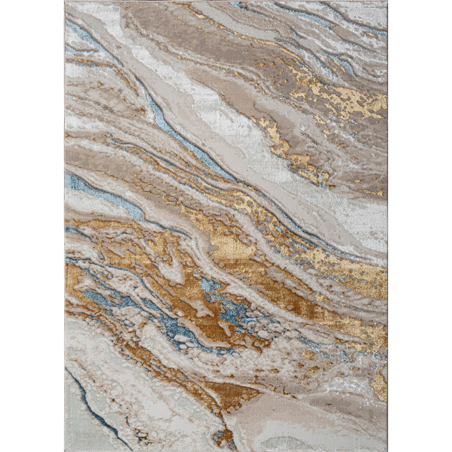 "Adina" Luxury Area Rug In Beige, Gold And Blue Abstract Design Multicolor Polyester