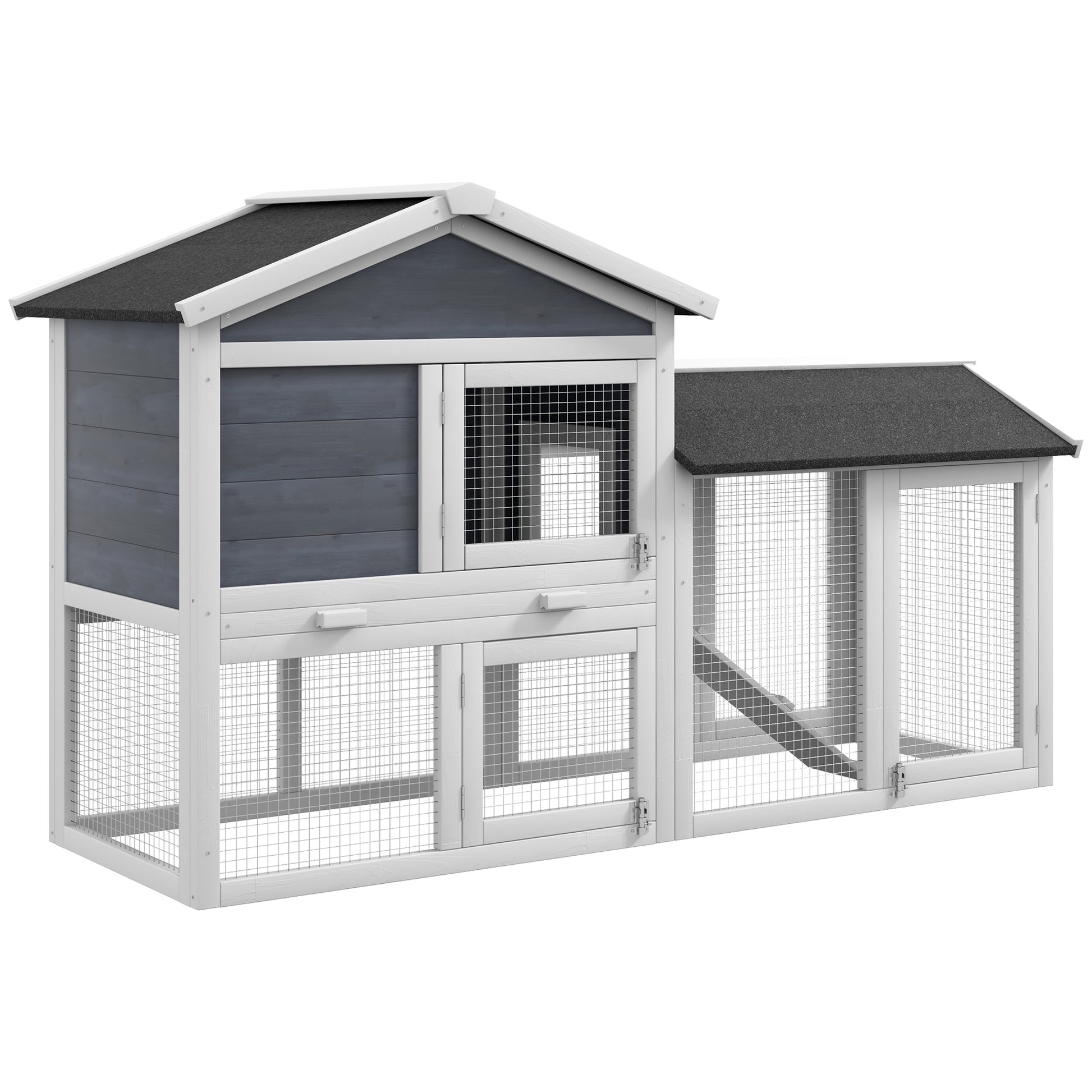 Pawhut 58" Rabbit Hutch, Wooden Bunny Hutch, Guinea Pig Cage, Small Animal Enclosure With Run Area, Removable Tray, Asphalt Roof, Lockable Doors And Ramp, Gray Gray Wood