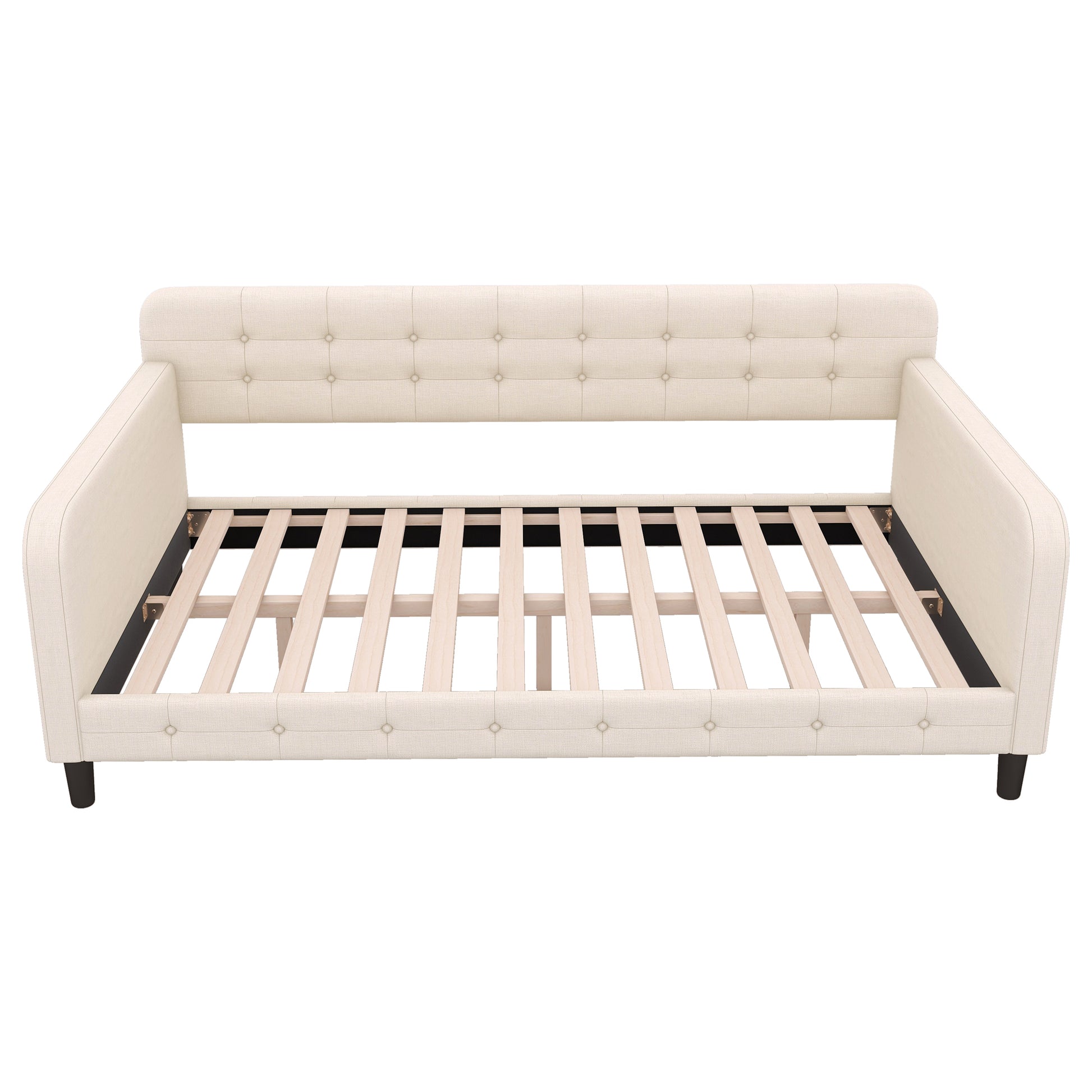 Twin Size Upholstered Tufted Daybed With 4 Support Legs, Beige Box Spring Not Required Twin Beige Wood Bedroom Daybeds Linen Upholstered